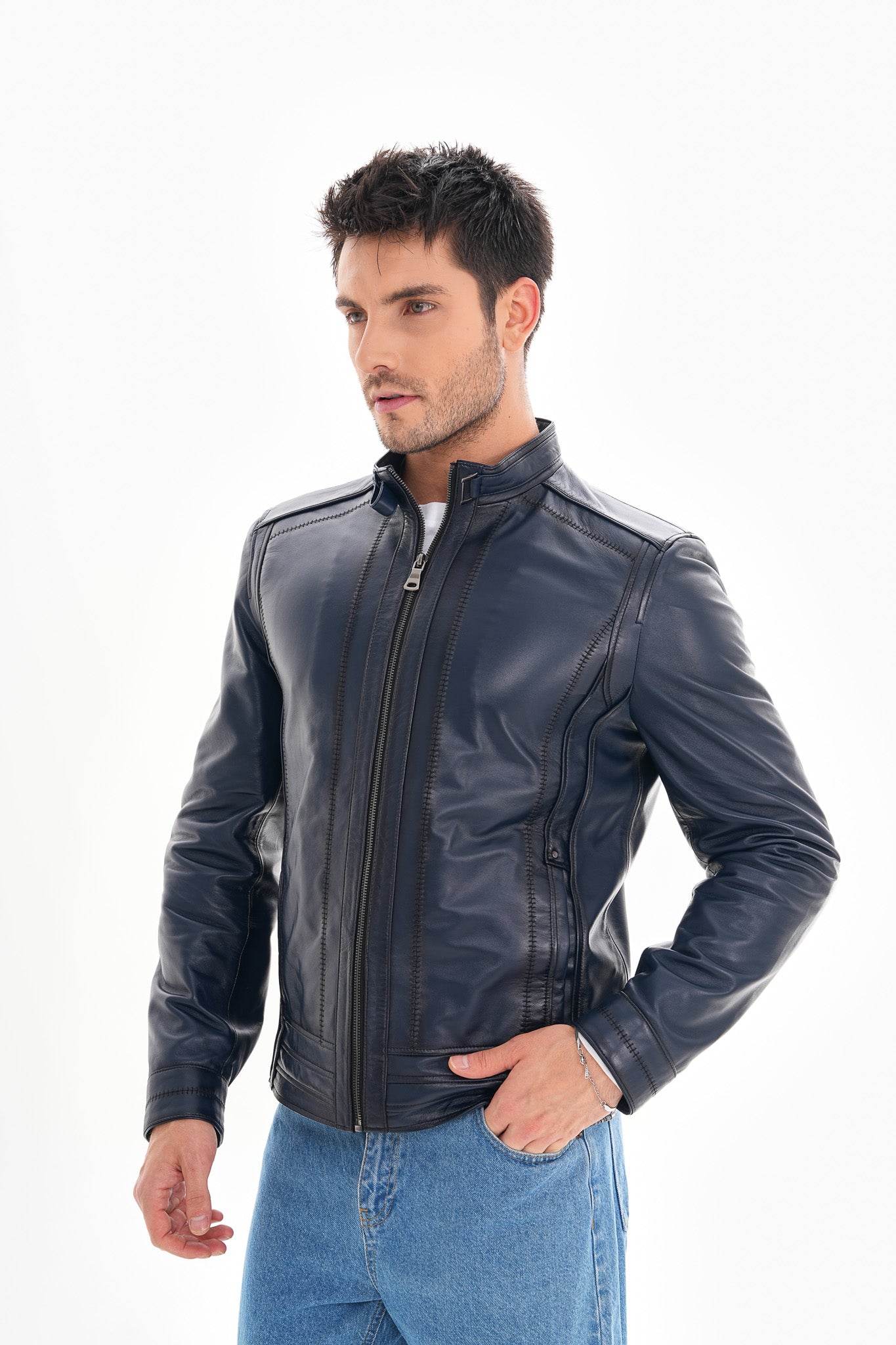 The Arezzo Navy Blue Leather Men Jacket