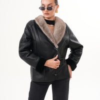 The Estelle Black & Beige Shearling Leather Women Jacket