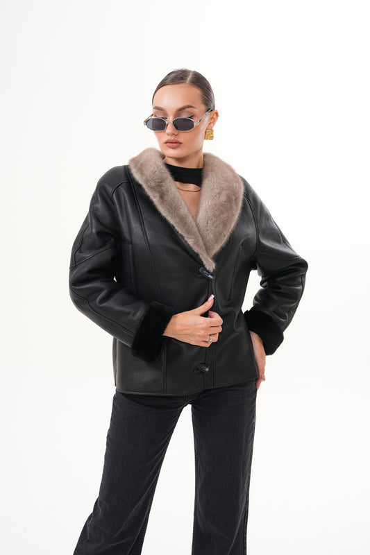 The Estelle Black & Beige Shearling Leather Women Jacket