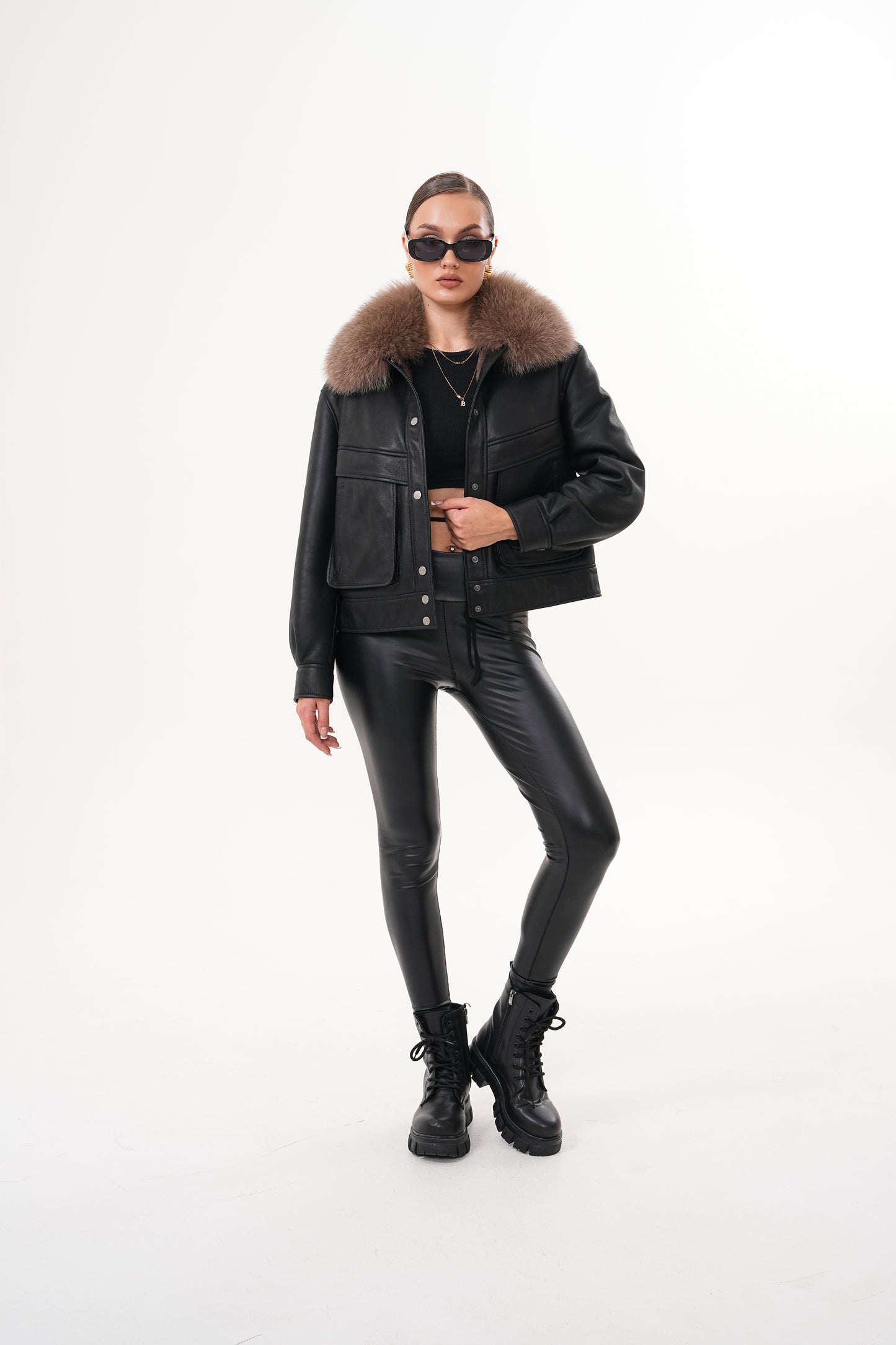 The Auretta Brown Collar Shearling Leather Women Jacket