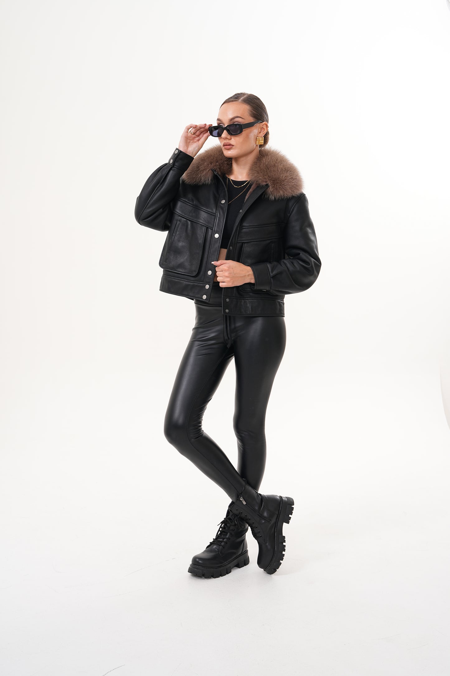 The Auretta Brown Collar Shearling Leather Women Jacket