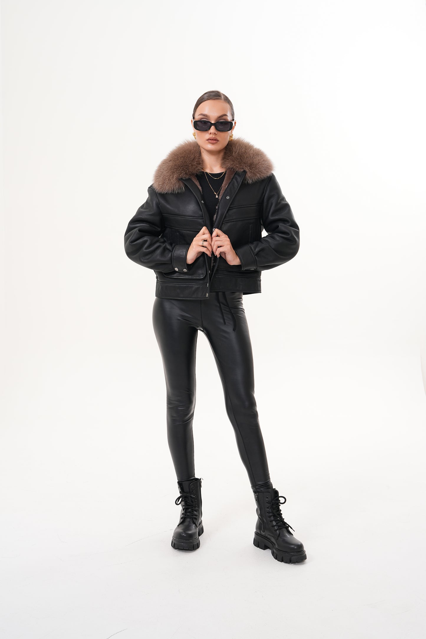 The Auretta Brown Collar Shearling Leather Women Jacket