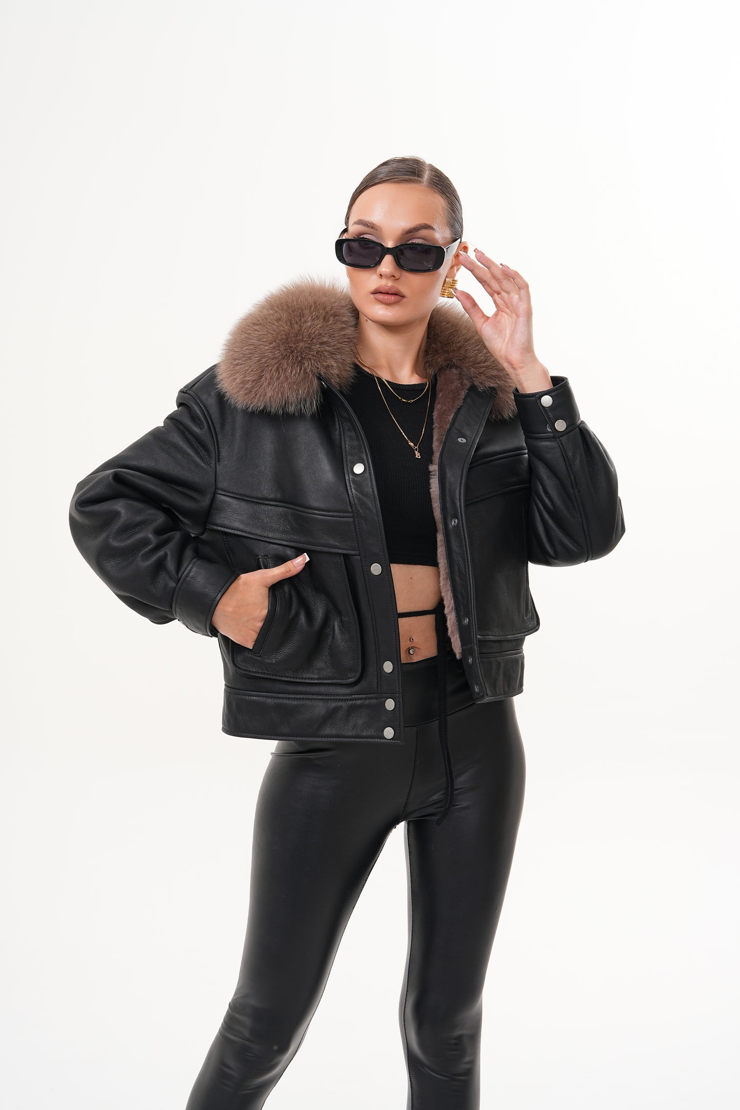 The Auretta Brown Collar Shearling Leather Women Jacket