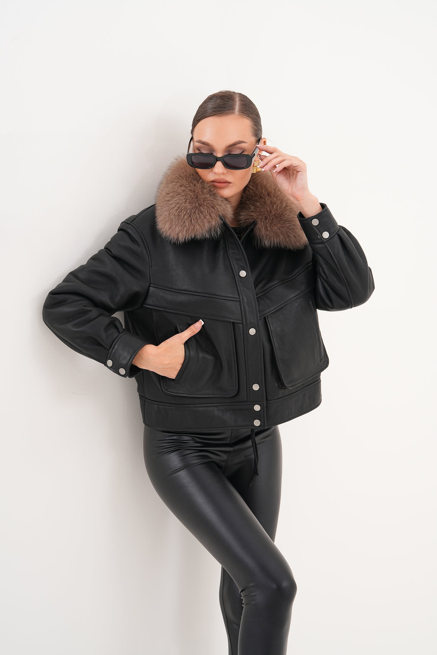 The Auretta Brown Collar Shearling Leather Women Jacket