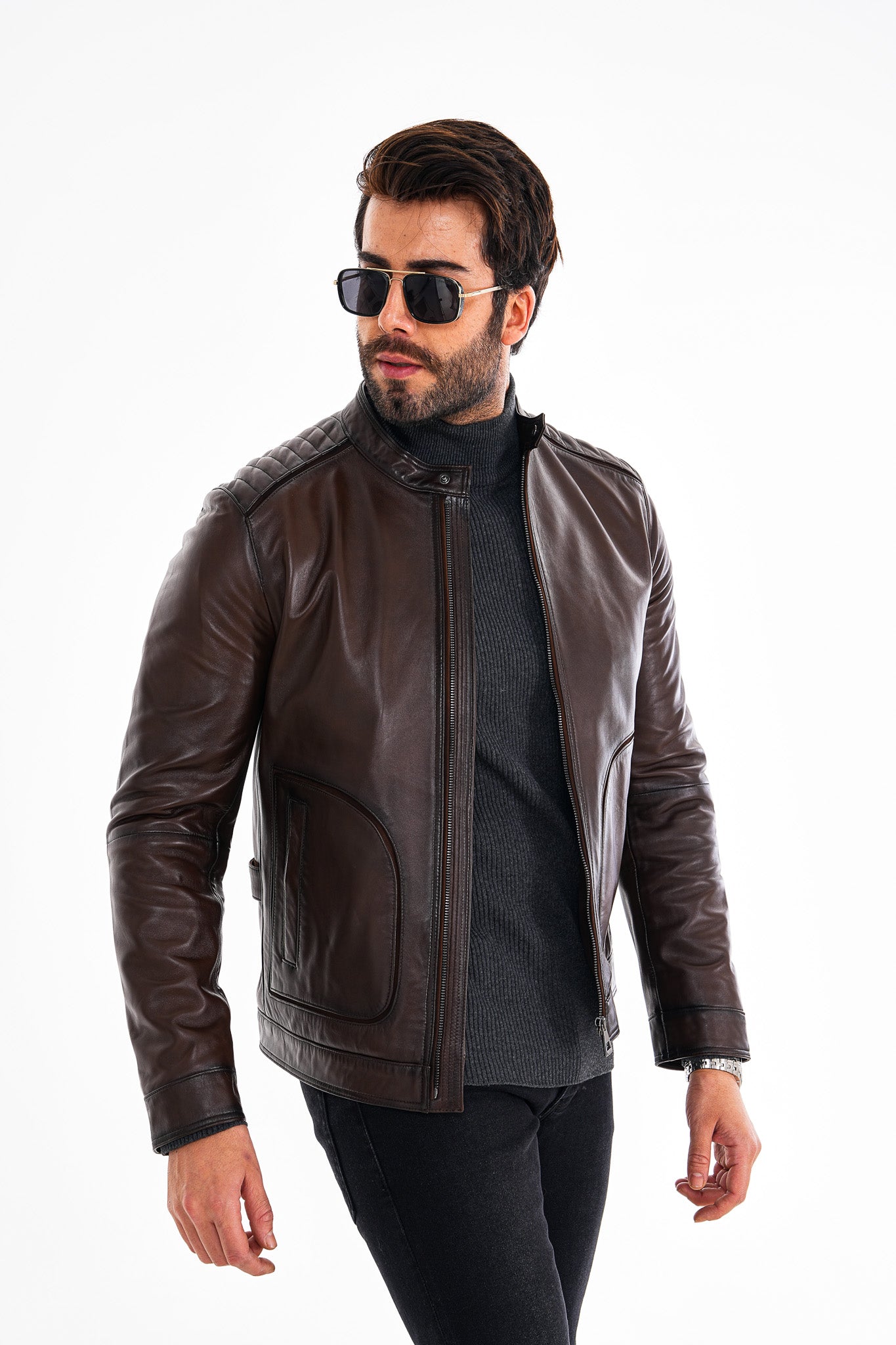 The Brescia Brown Leather Racer Men Jacket