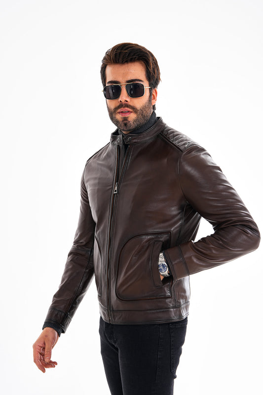 The Brescia Brown Leather Racer Men Jacket