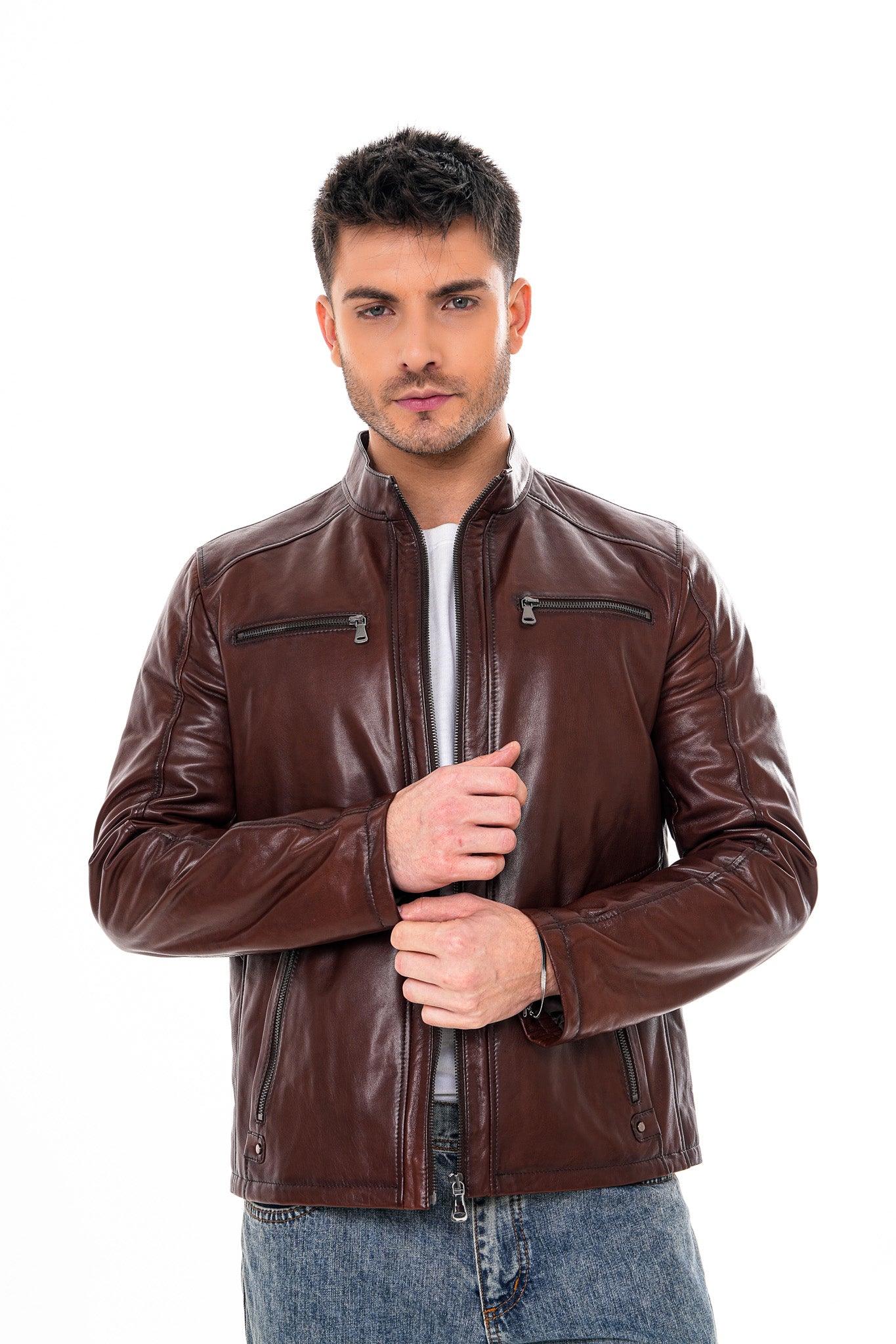 The Falcon Cognac Brown Smooth Leather Men Jacket