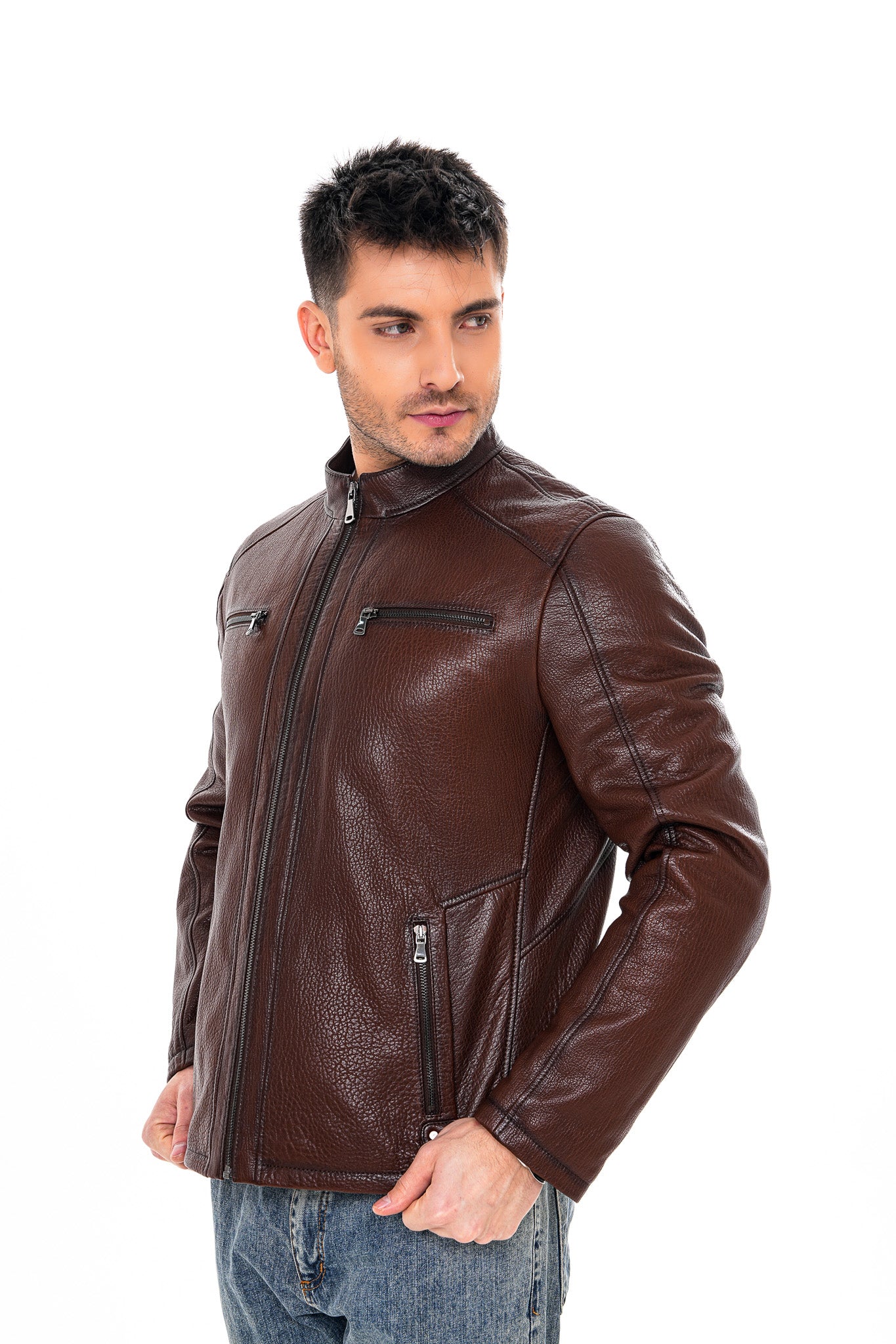The Falcon Brown Pebbled Leather Men Jacket