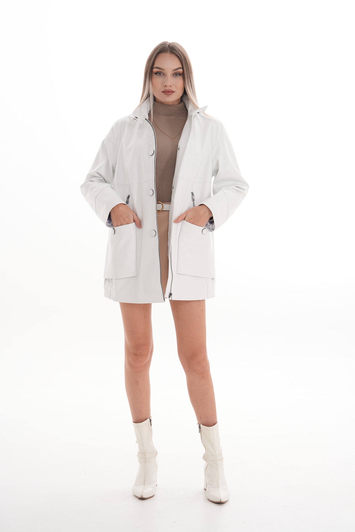 The Liora White Leather Women Jacket