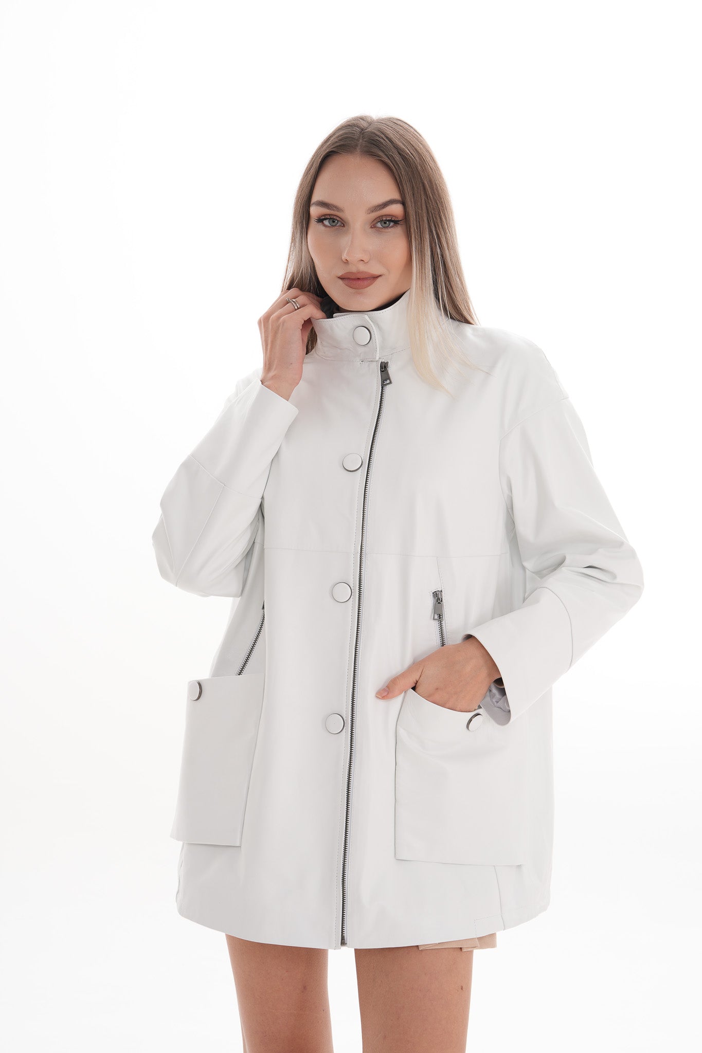 The Liora White Leather Women Jacket