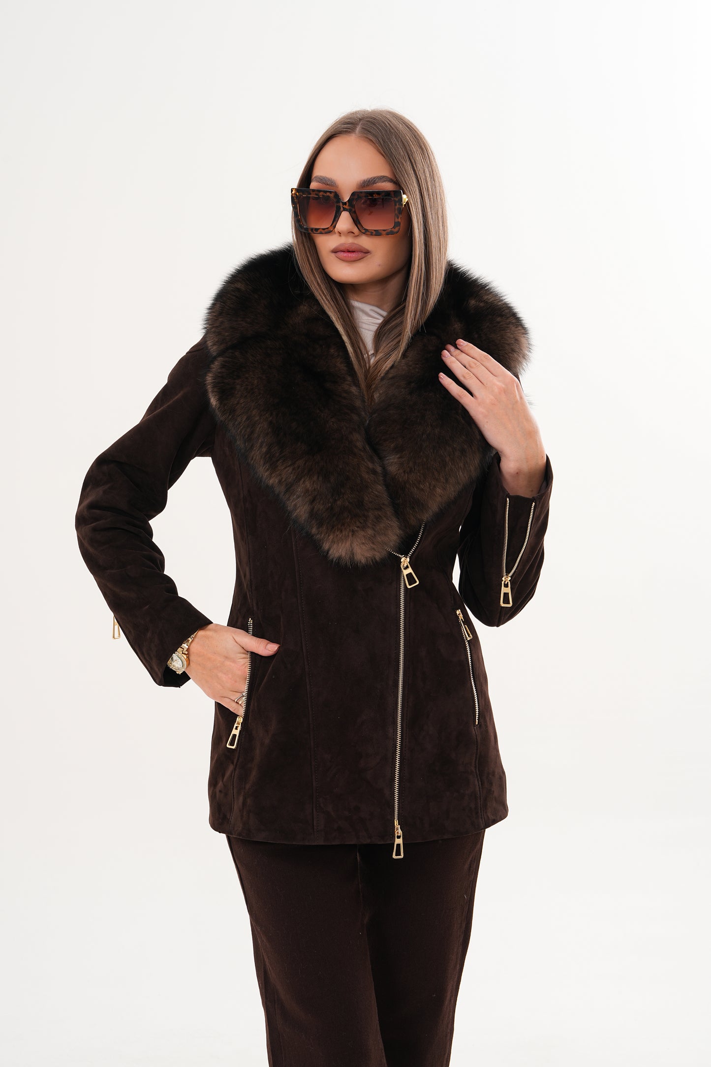 The Alessia Brown Leather & Fox Fur Women Jacket