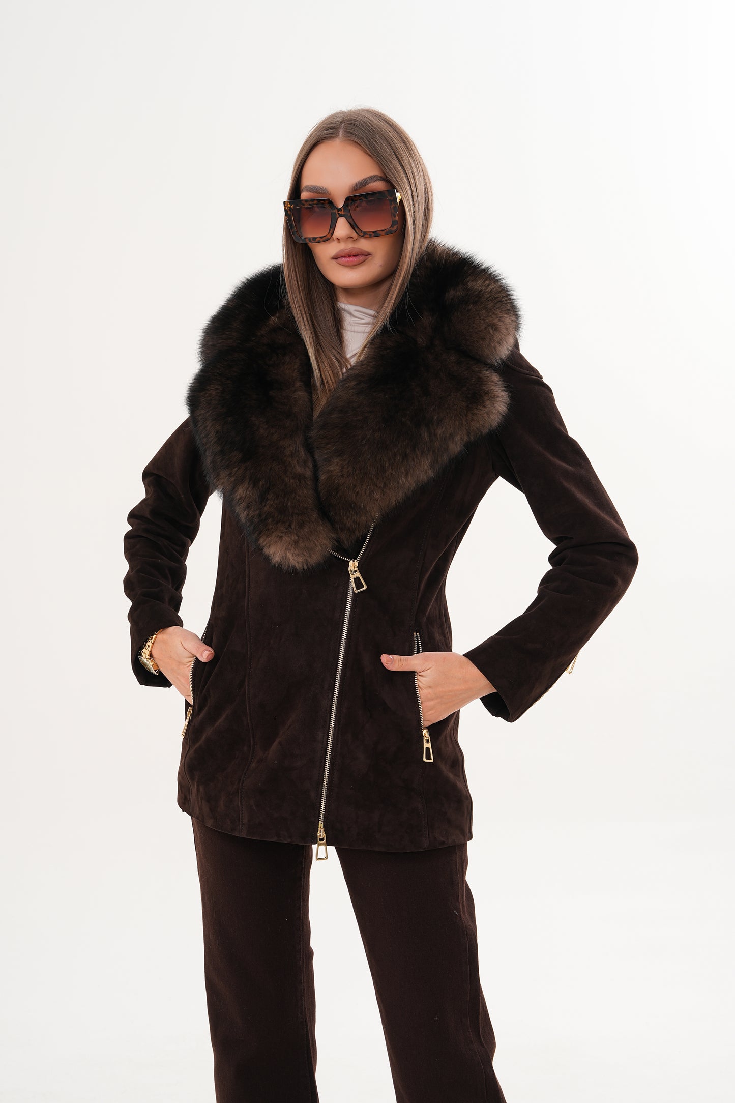 The Alessia Brown Leather & Fox Fur Women Jacket