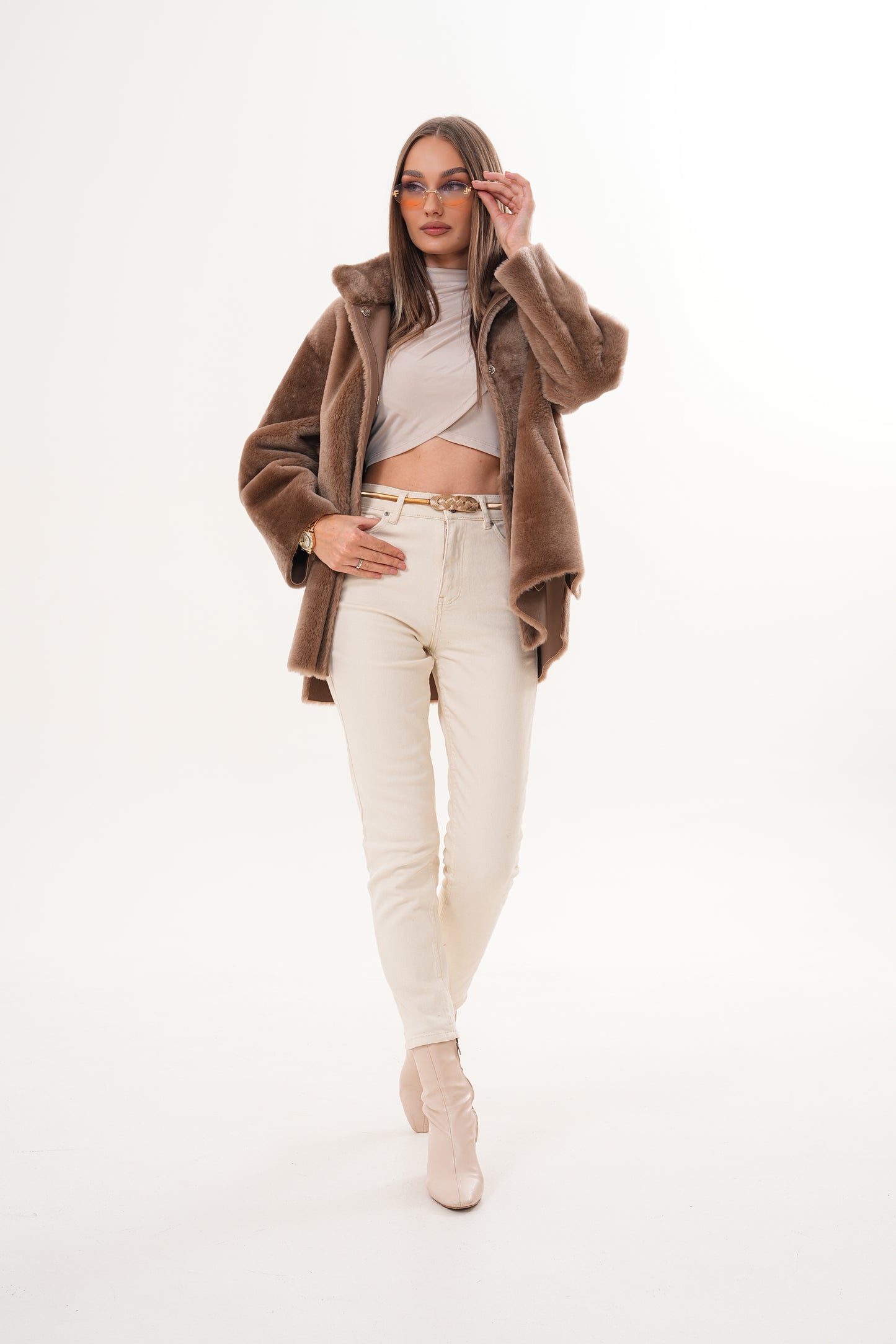 The Belluna Camel Reversible Shearling Women Jacket