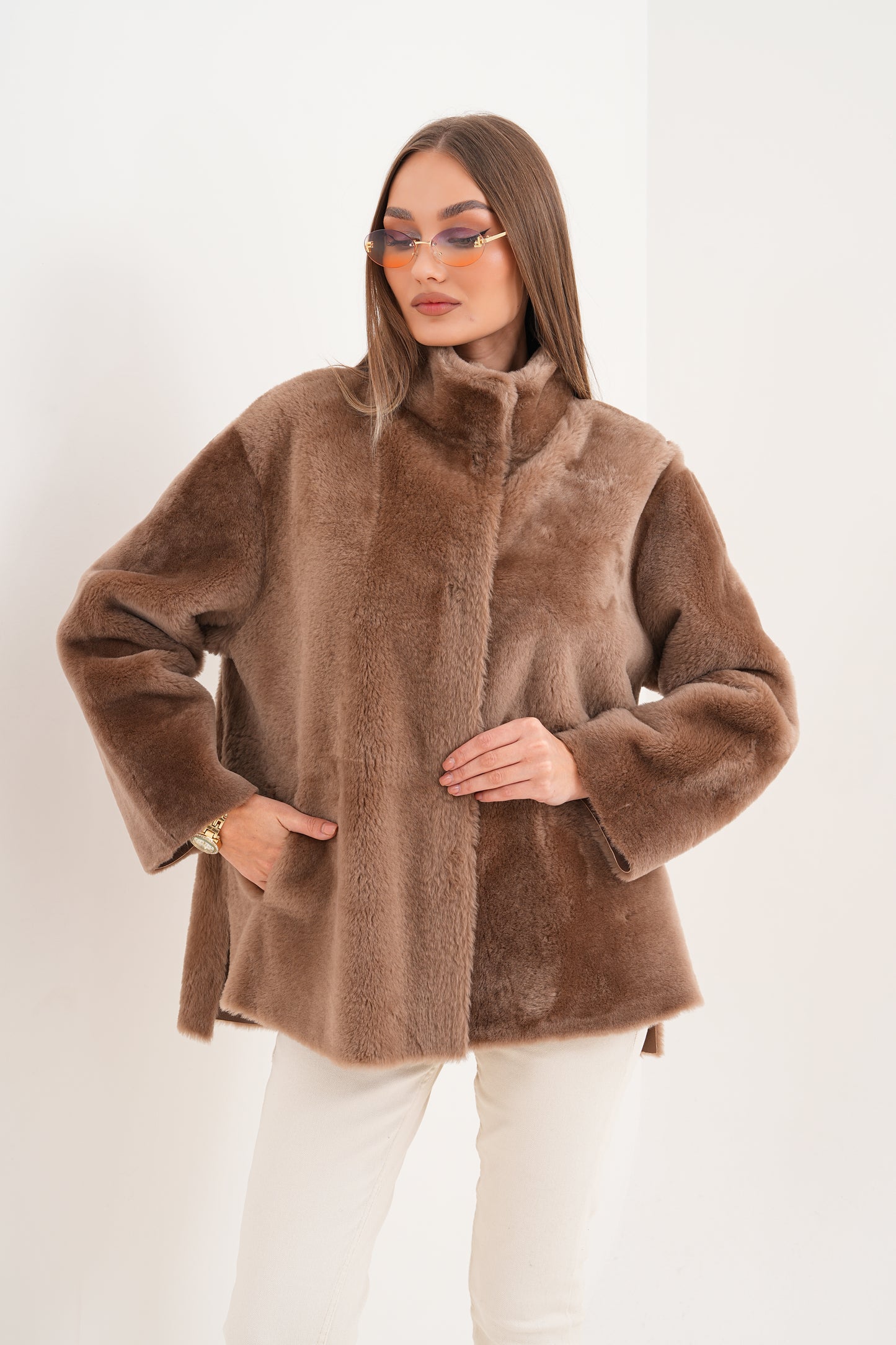 The Belluna Camel Reversible Shearling Women Jacket