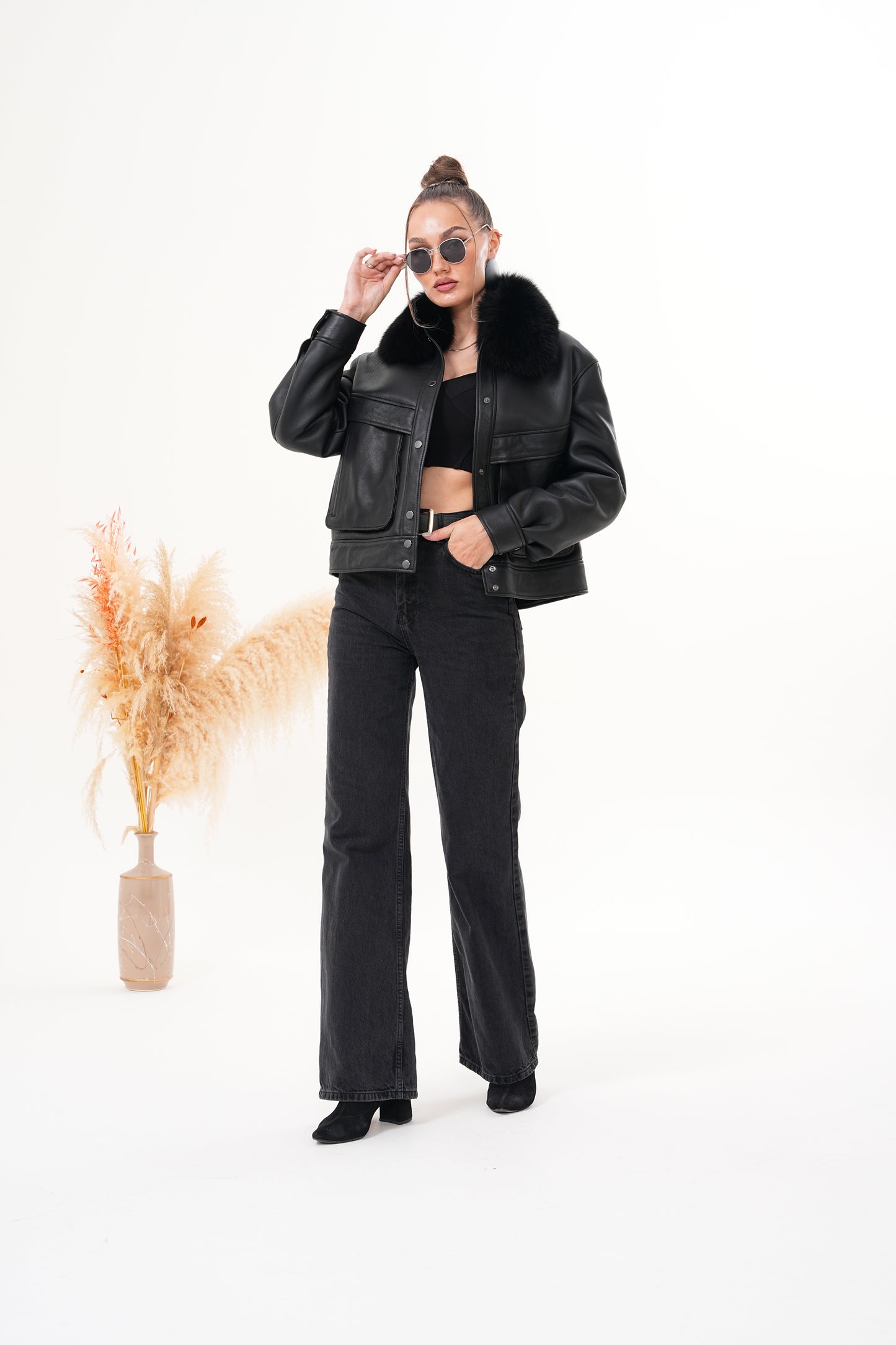 The Auretta Black Shearling Leather Women Jacket