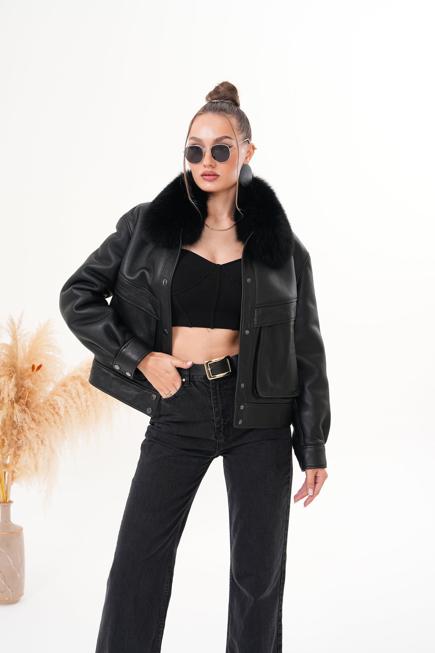 The Auretta Black Shearling Leather Women Jacket