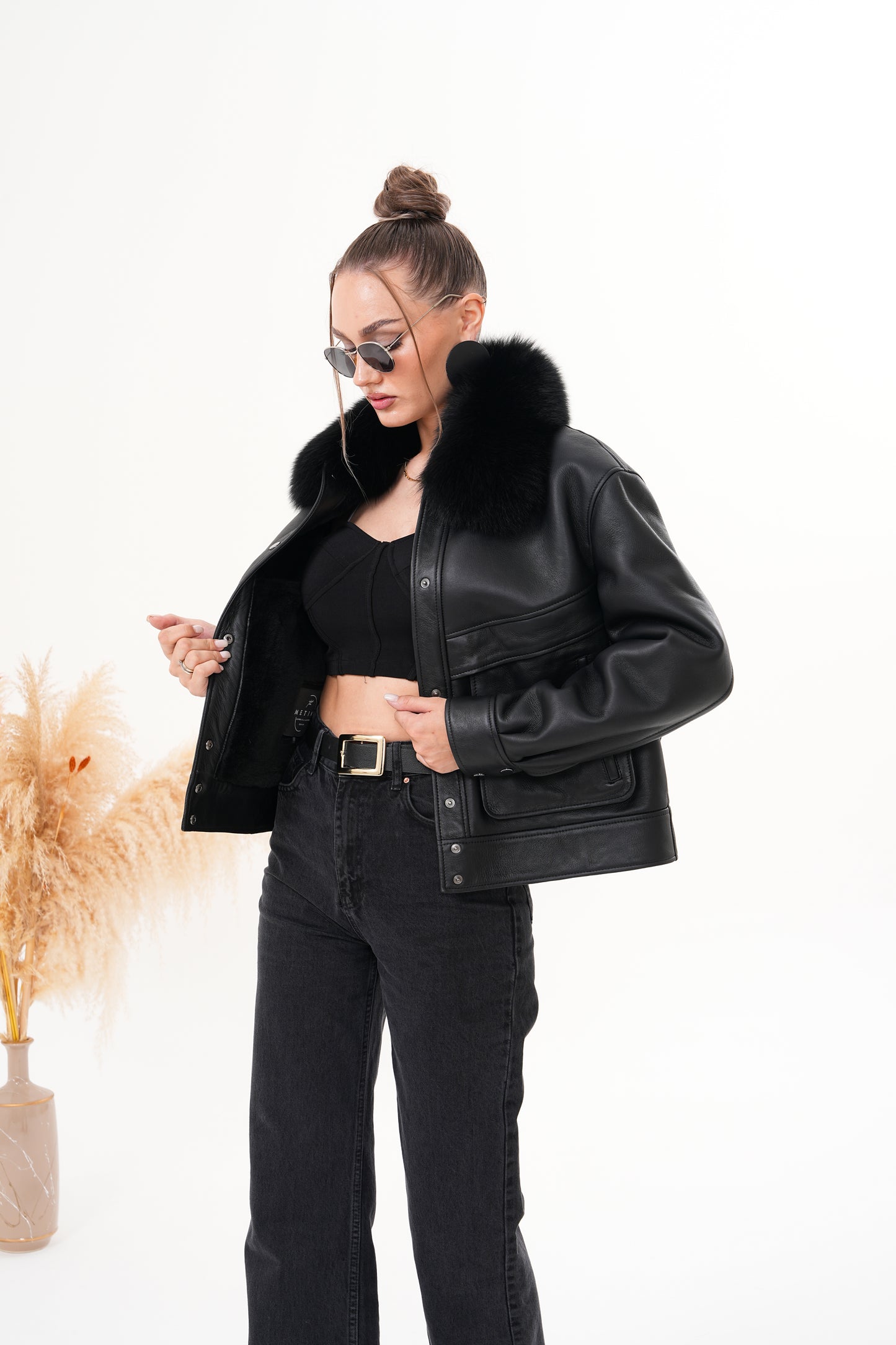The Auretta Black Shearling Leather Women Jacket