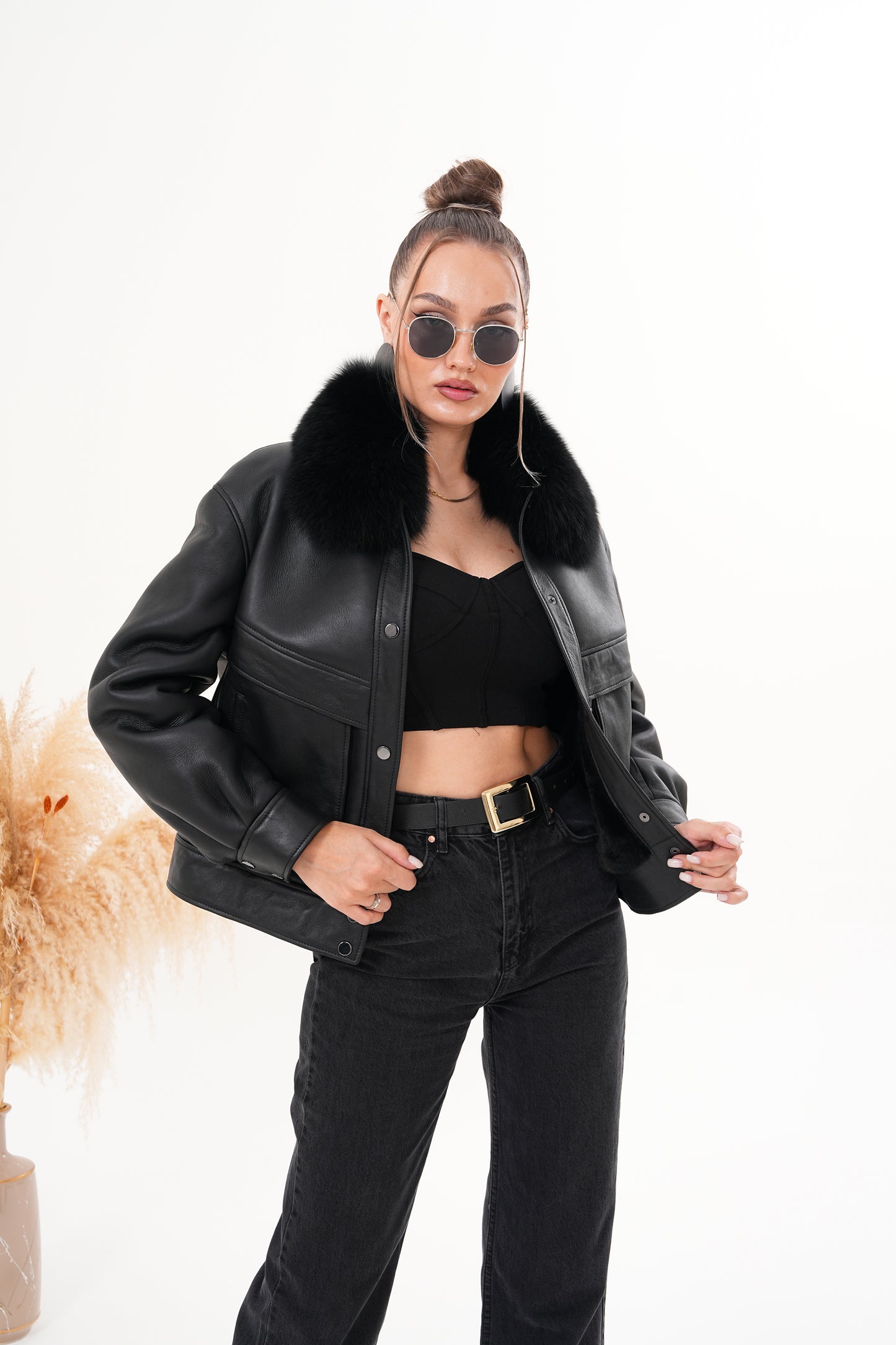 The Auretta Black Shearling Leather Women Jacket