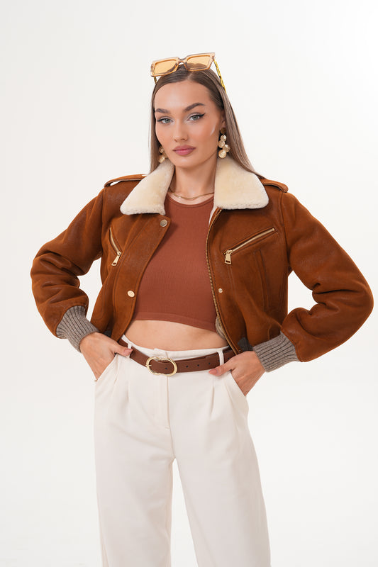 The Amber Shearling Collar Suede Women Leather Jacket
