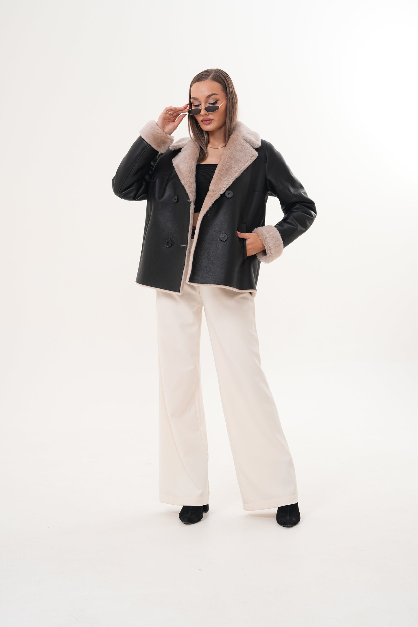 The Zurich Double-Breasted Cream Shearling Collar Leather Women Jacket