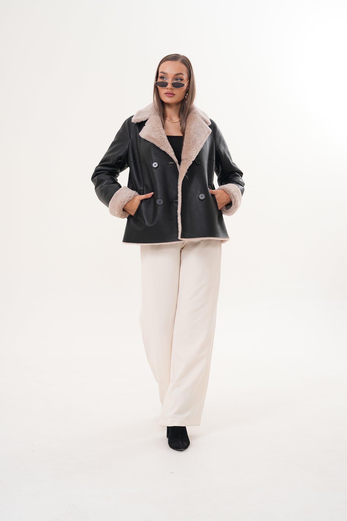 The Zurich Double-Breasted Cream Shearling Collar Leather Women Jacket