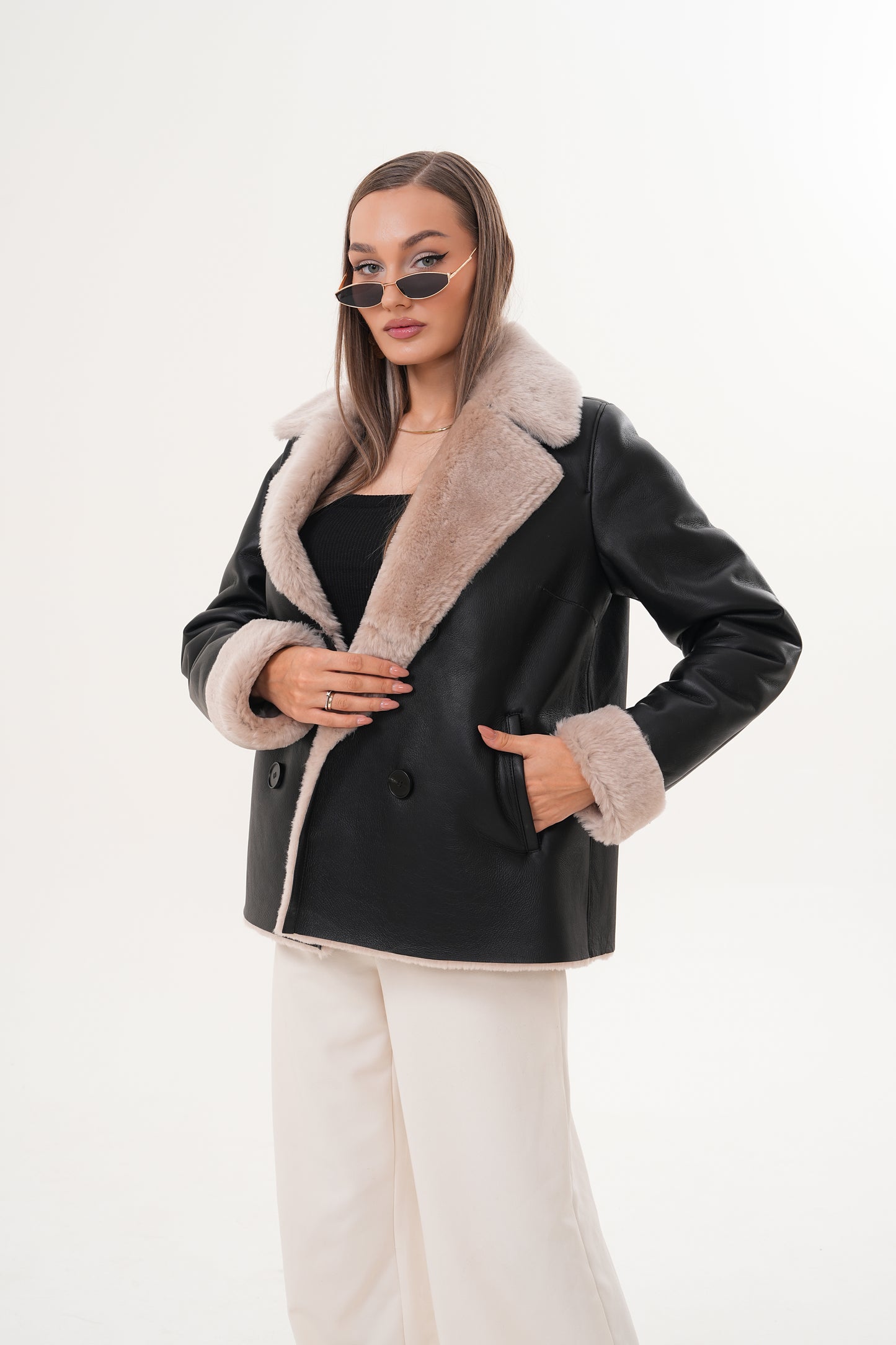 The Zurich Double-Breasted Cream Shearling Collar Leather Women Jacket