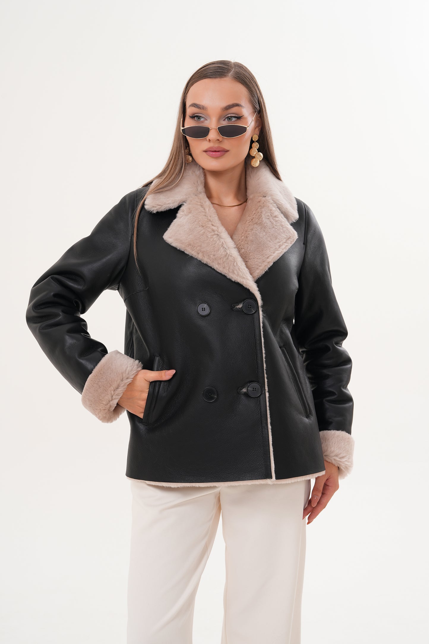 The Zurich Double-Breasted Cream Shearling Collar Leather Women Jacket