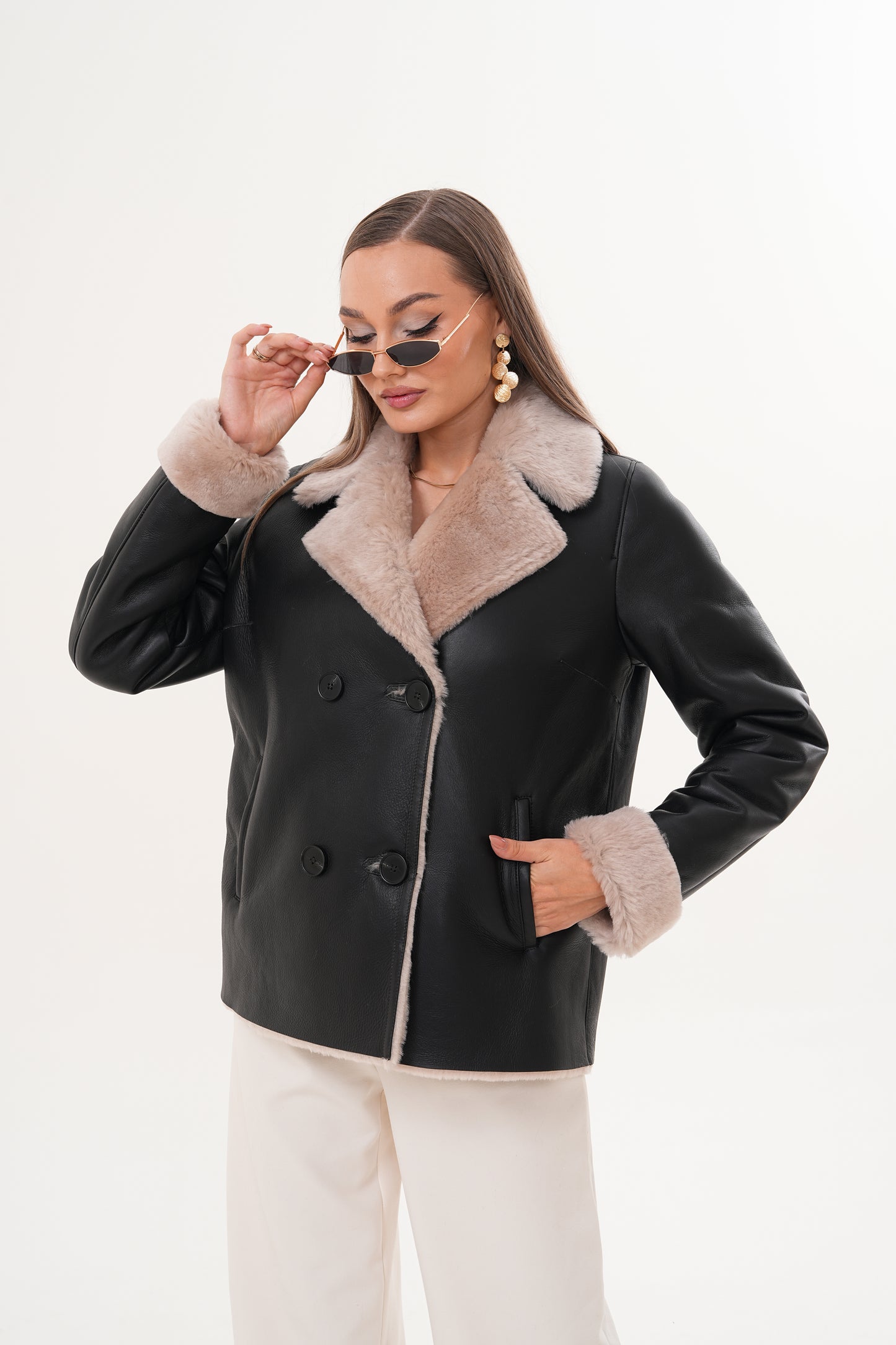 The Zurich Double-Breasted Cream Shearling Collar Leather Women Jacket