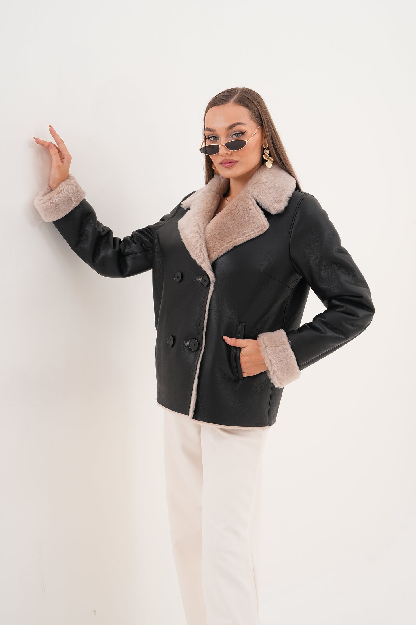 The Zurich Double-Breasted Cream Shearling Collar Leather Women Jacket