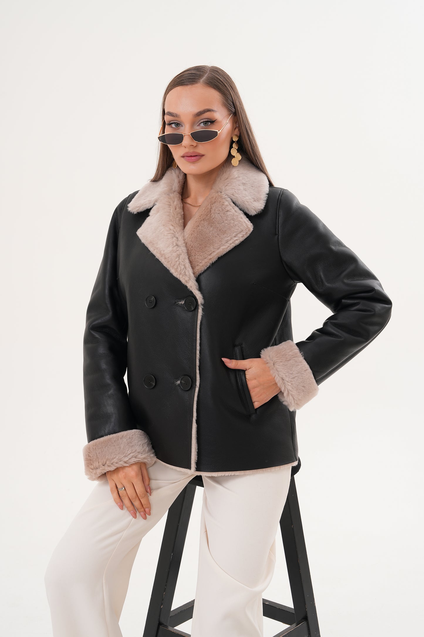 The Zurich Double-Breasted Cream Shearling Collar Leather Women Jacket