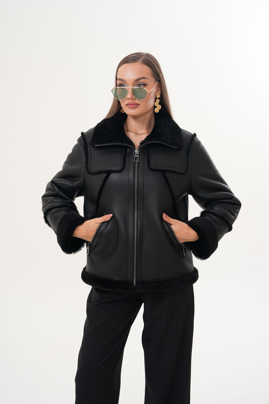 The Denali Black Shearling Leather Women Jacket