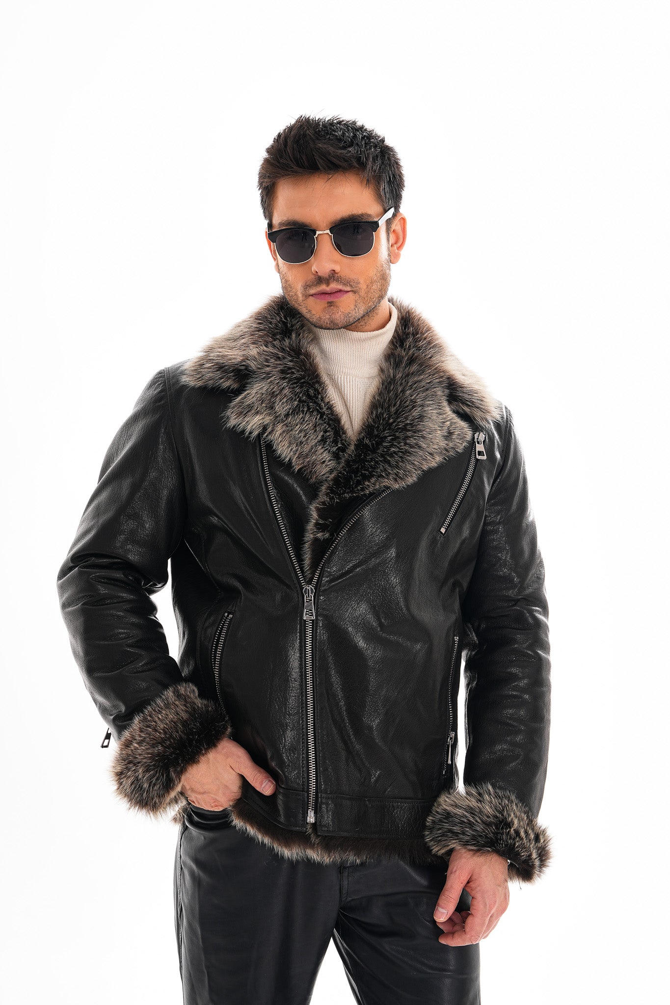 The Cortina Fox Edition Black Shearling Leather Men Jacket