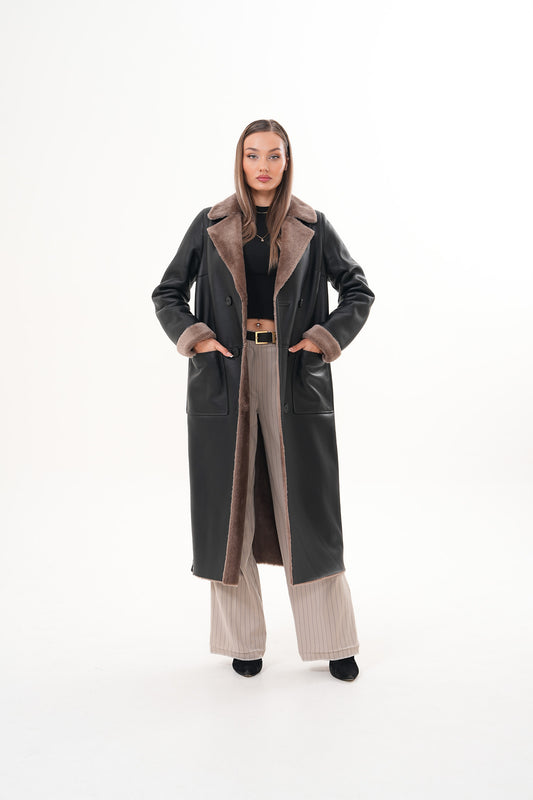 The Florence Long Shearling Black Leather Women Jacket