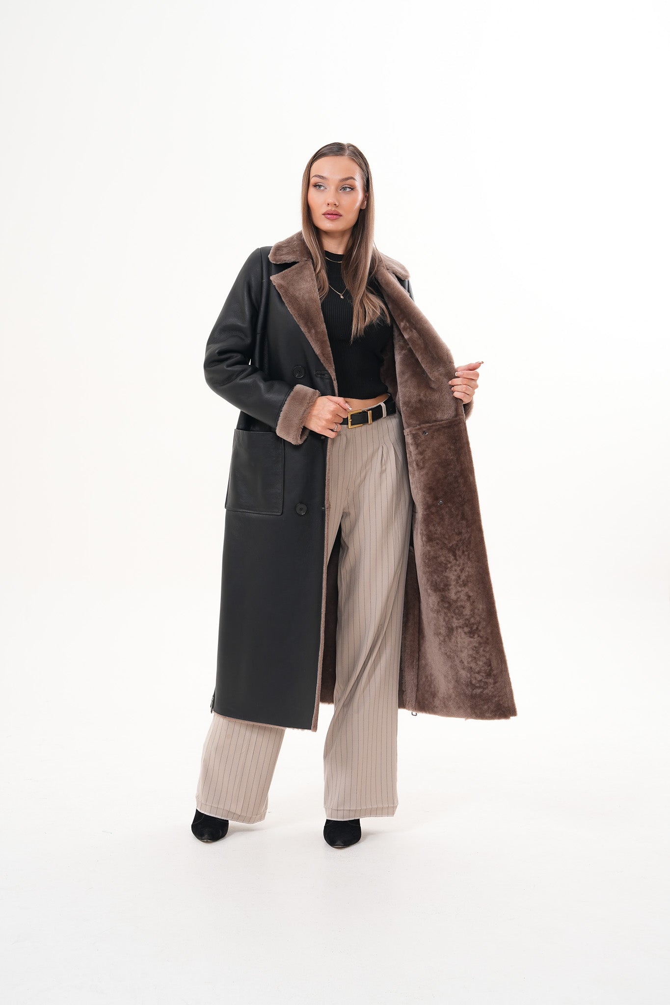 The Florence Long Shearling Black Leather Women Jacket