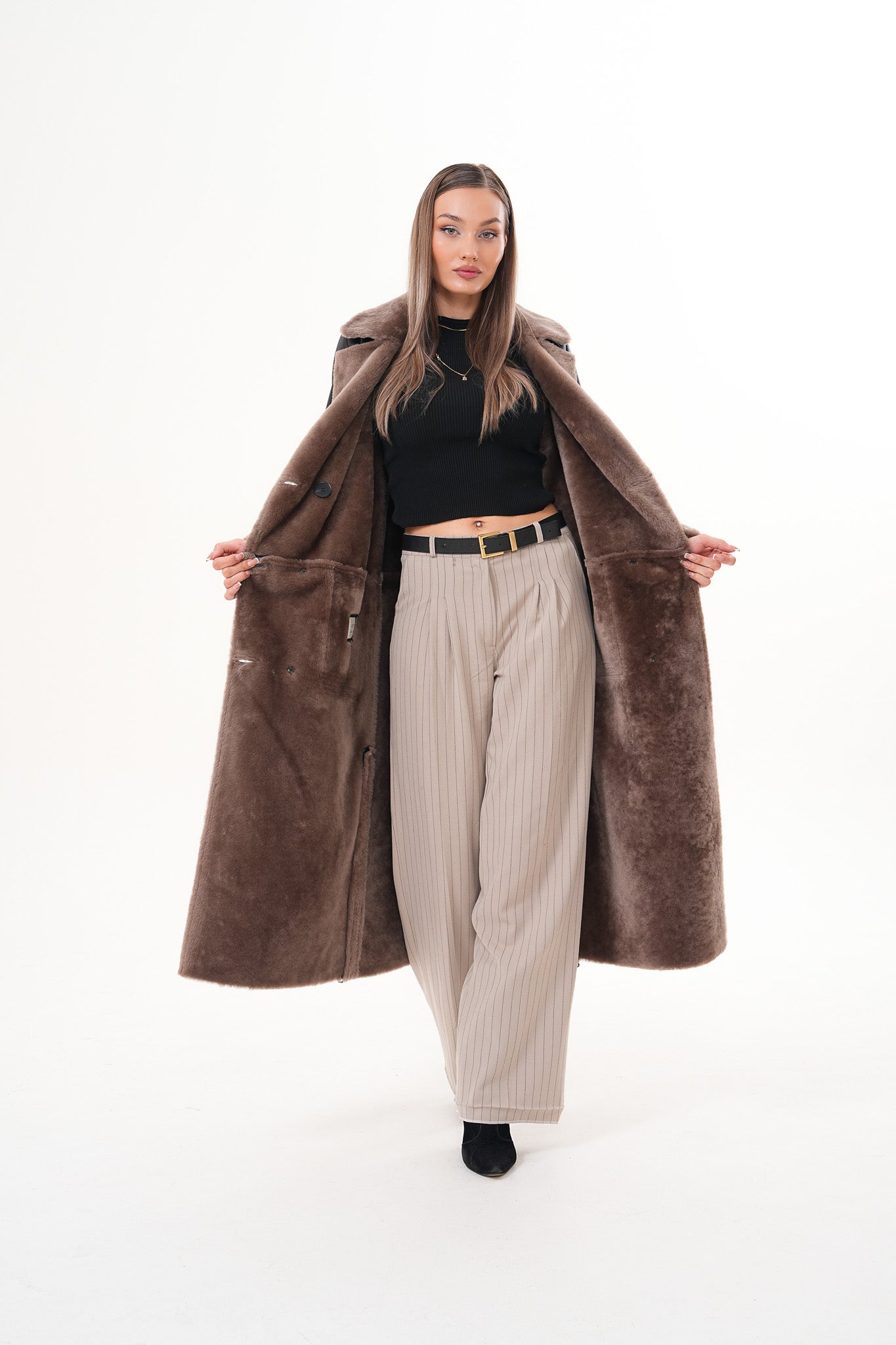 The Florence Long Shearling Black Leather Women Jacket