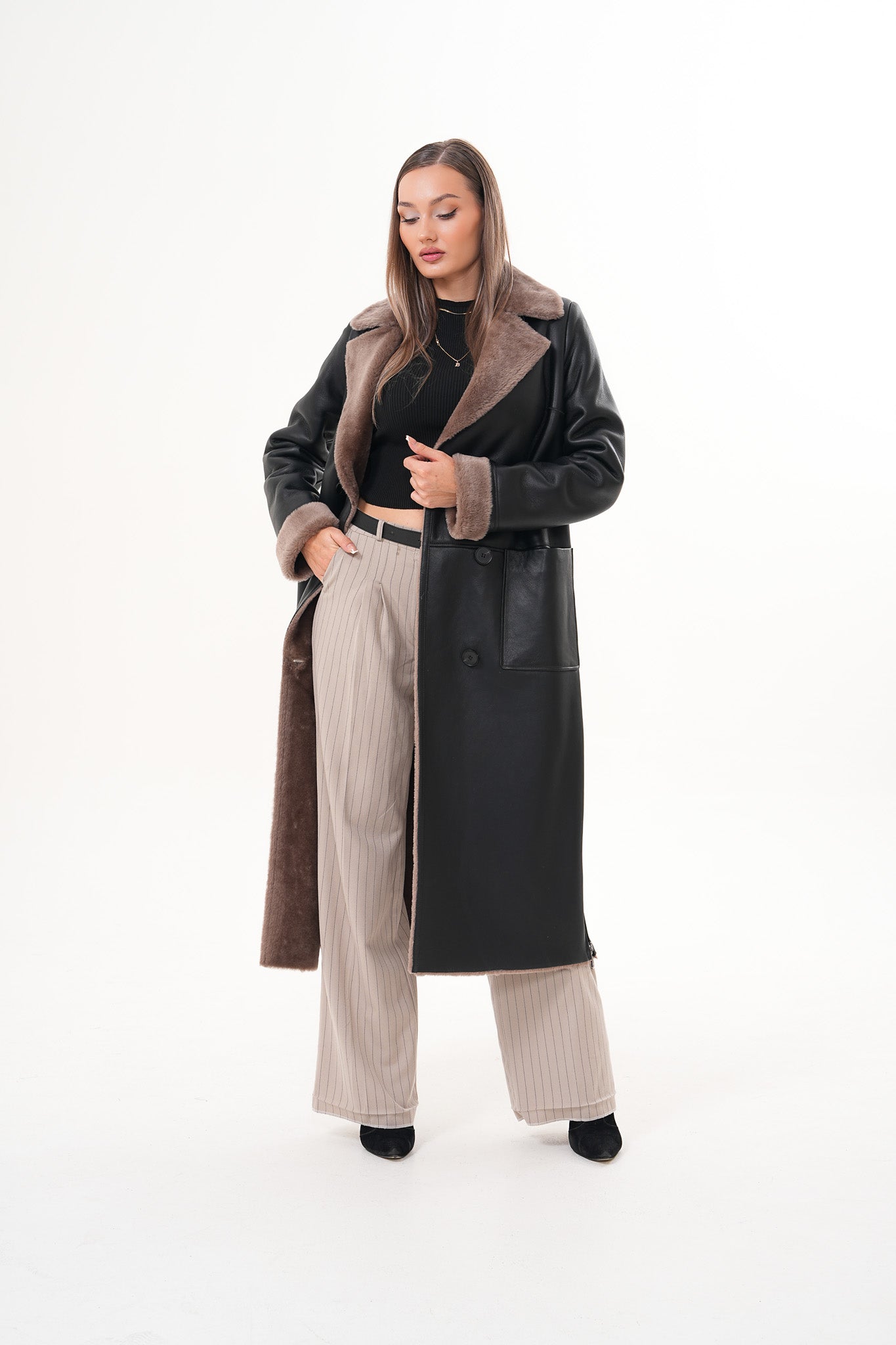 The Florence Long Shearling Black Leather Women Jacket
