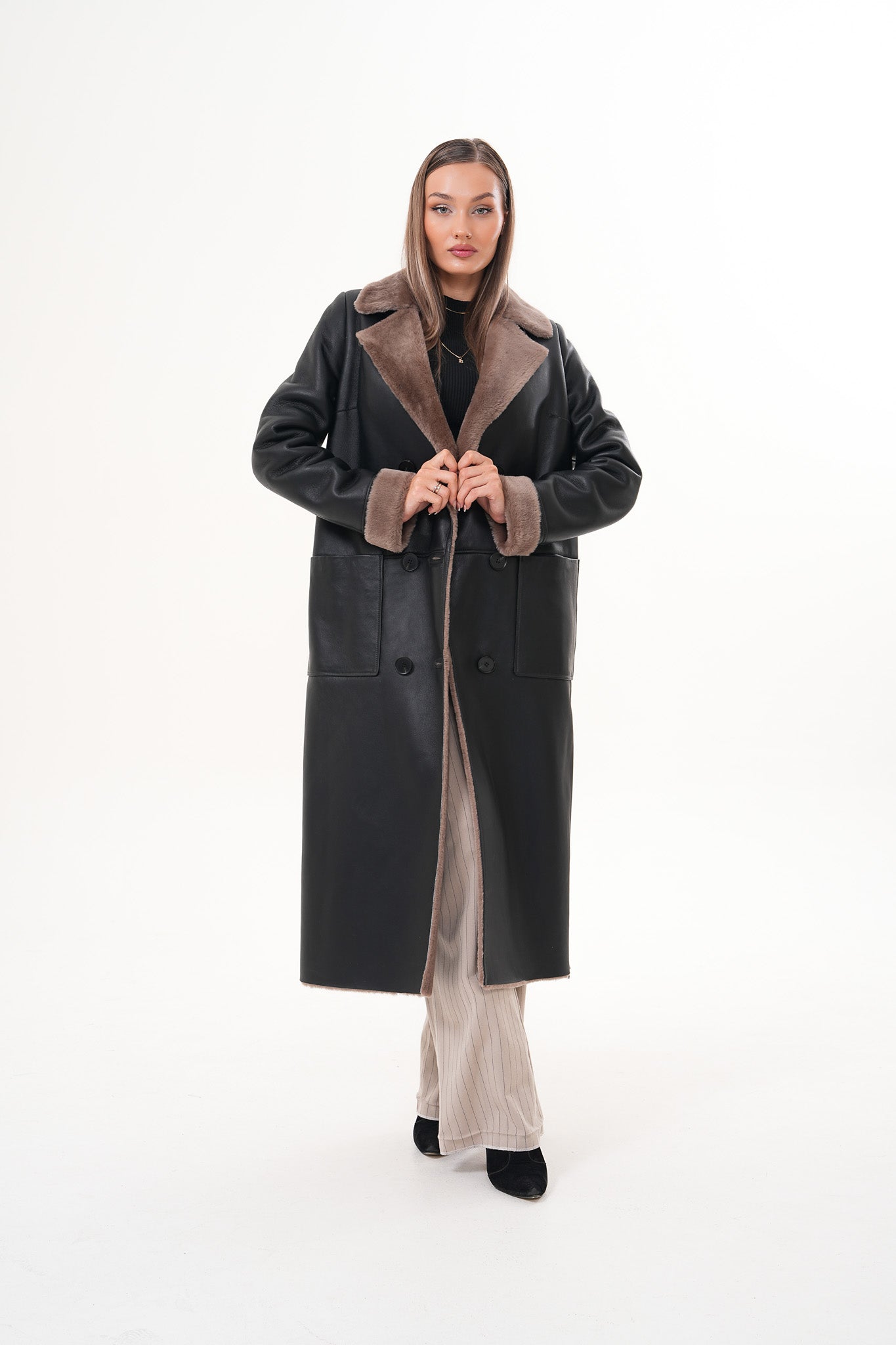 The Florence Long Shearling Black Leather Women Jacket