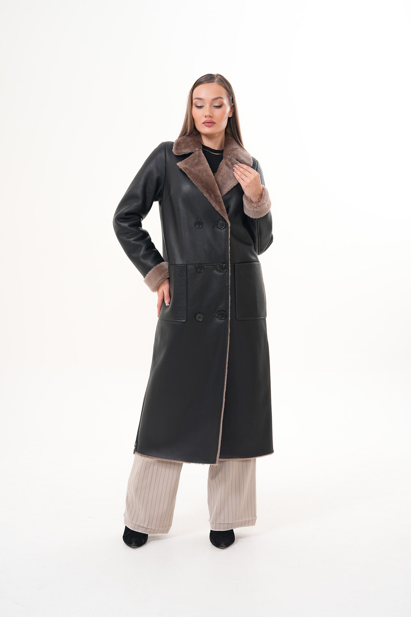 The Florence Long Shearling Black Leather Women Jacket