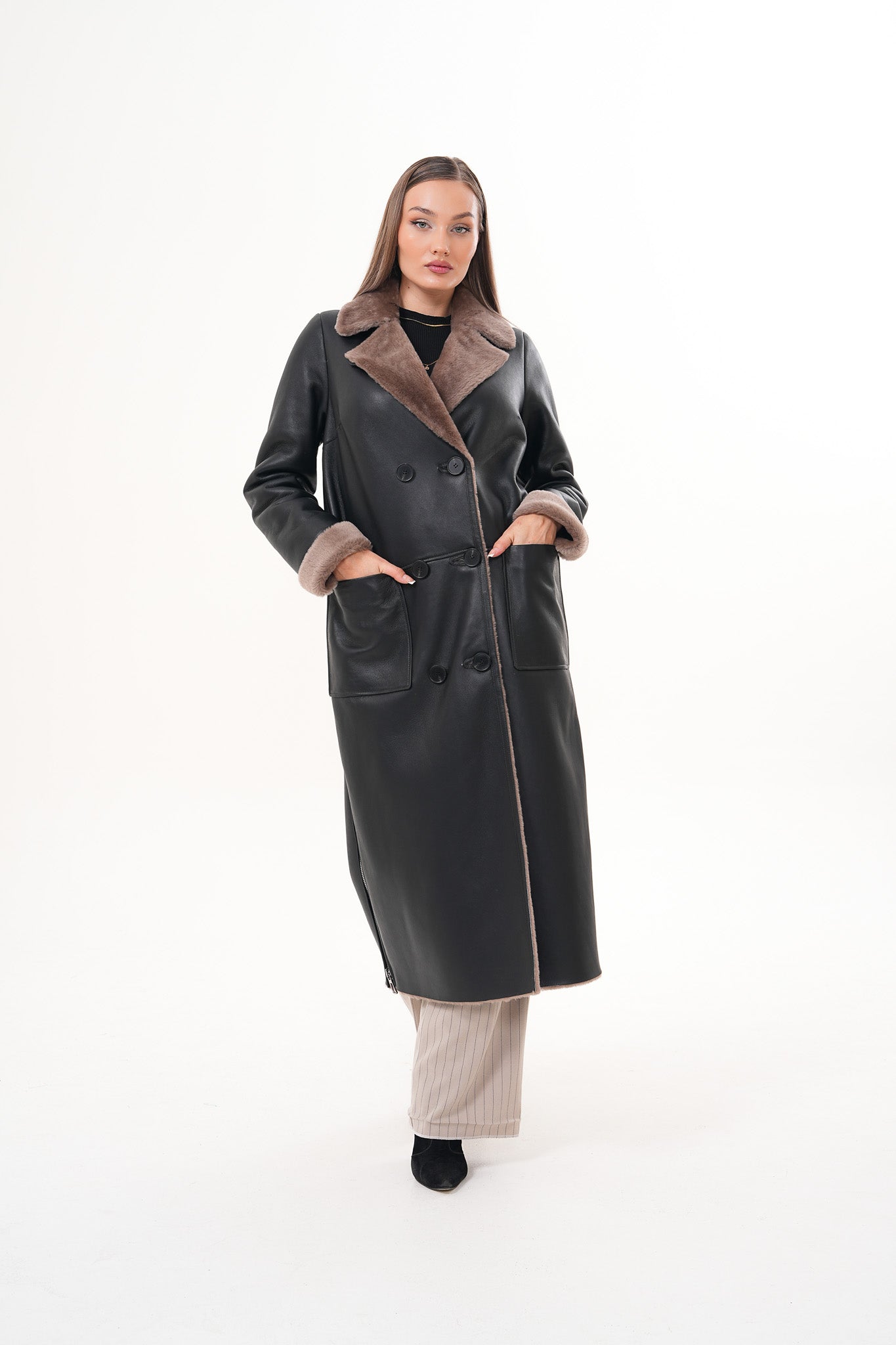 The Florence Long Shearling Black Leather Women Jacket