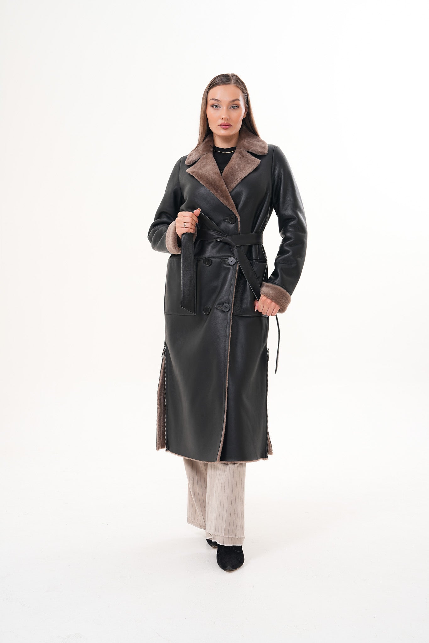 The Florence Long Shearling Black Leather Women Jacket