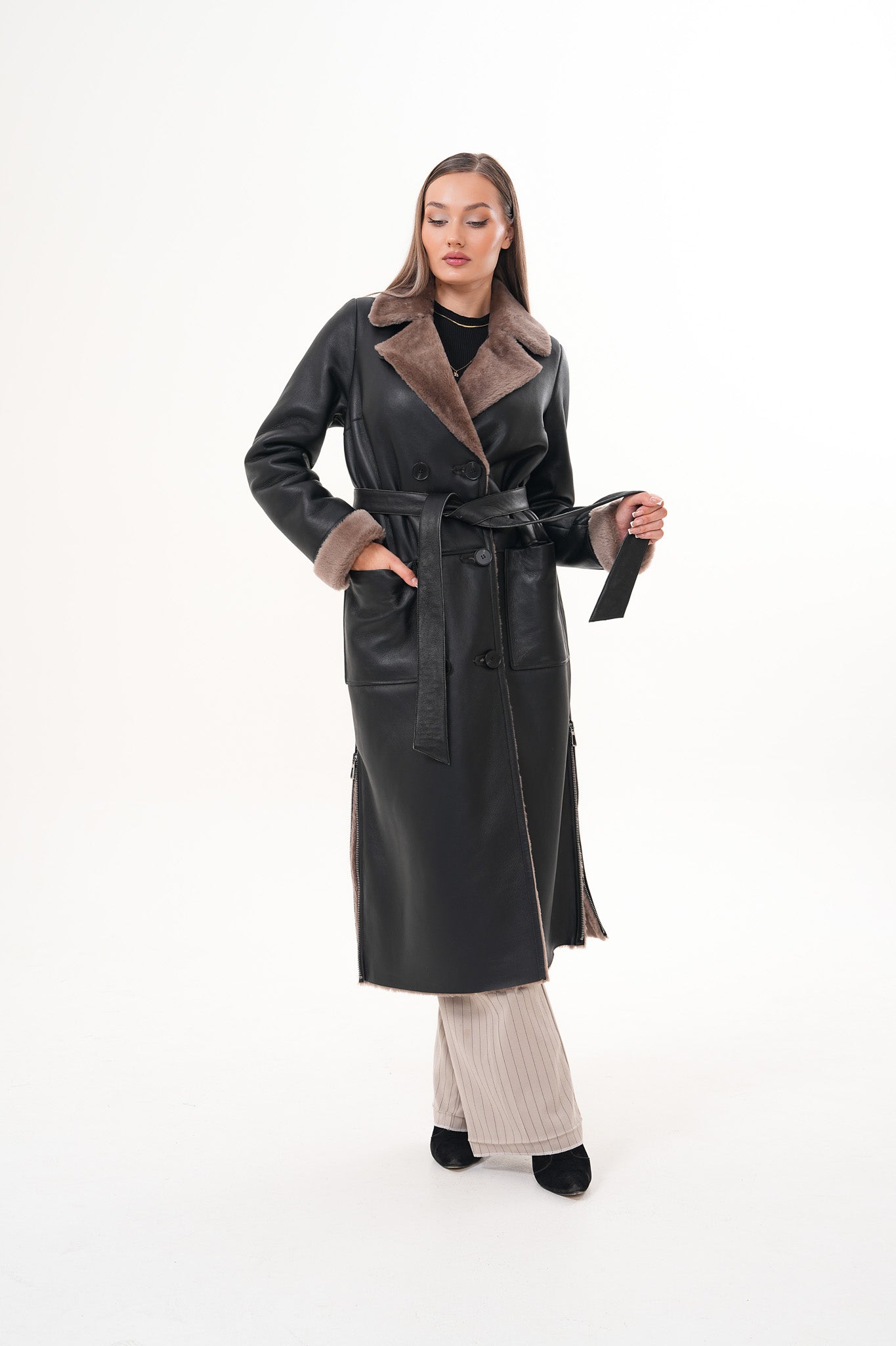 The Florence Long Shearling Black Leather Women Jacket