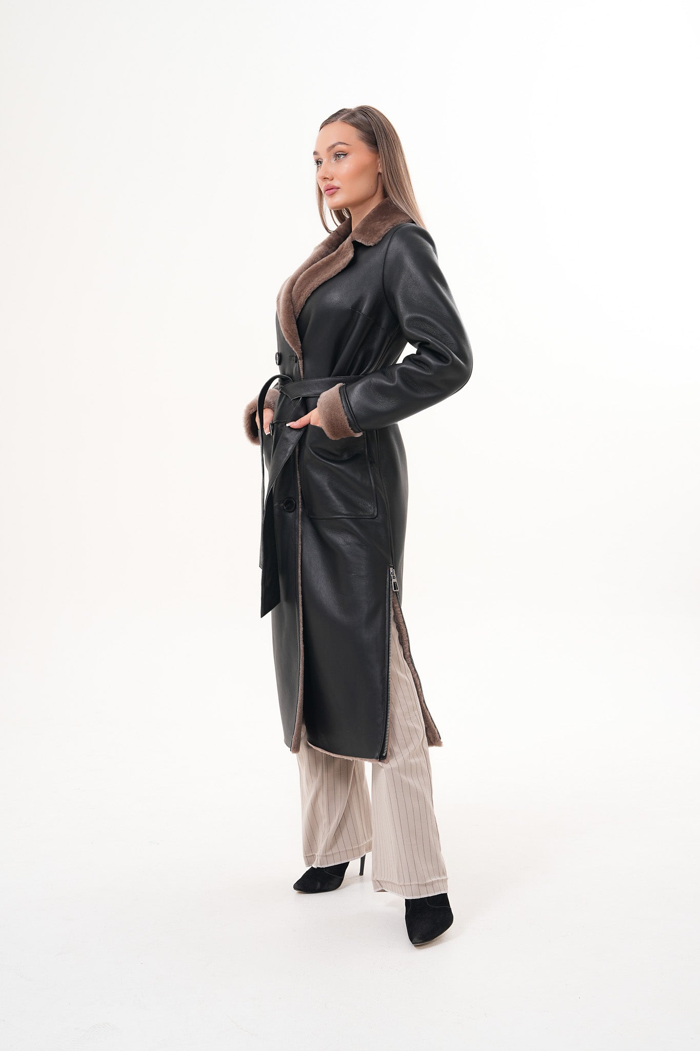 The Florence Long Shearling Black Leather Women Jacket