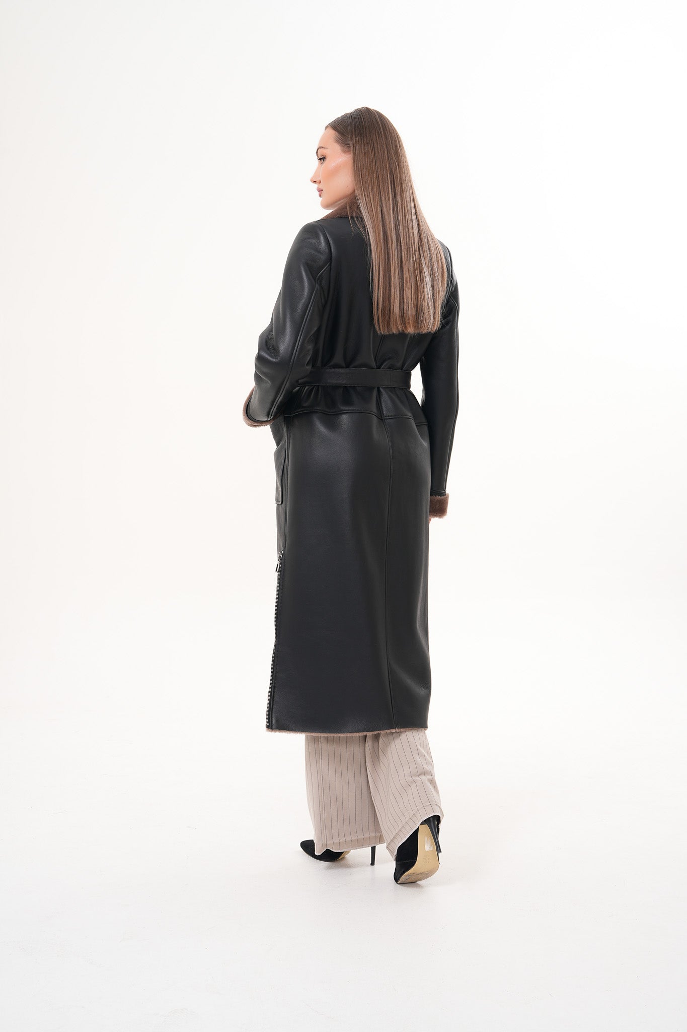 The Florence Long Shearling Black Leather Women Jacket