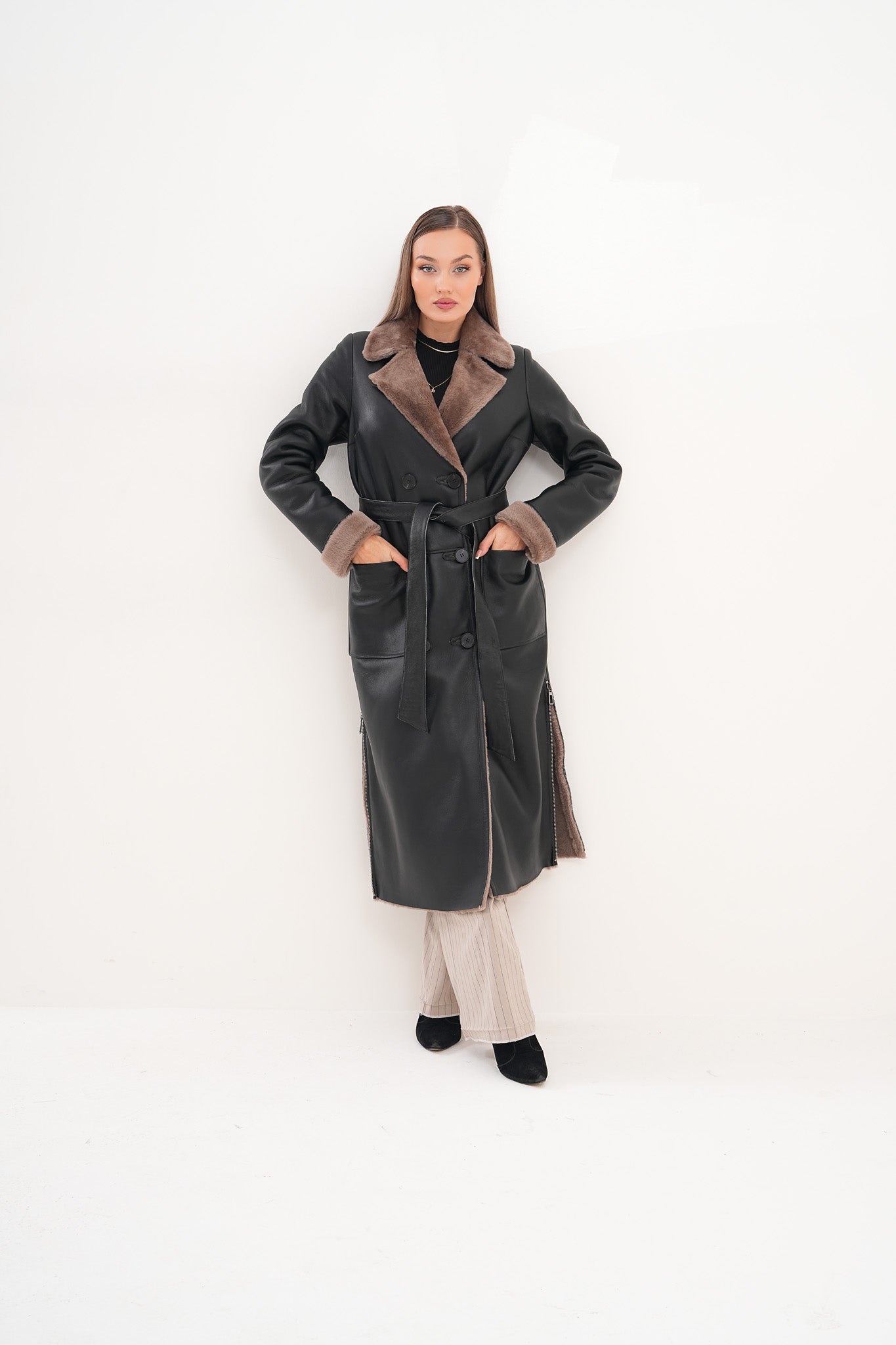 The Florence Long Shearling Black Leather Women Jacket