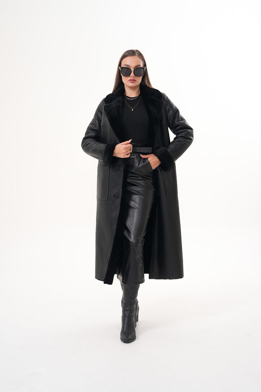 The Raven Long Shearling Black Leather Women Leather Jacket