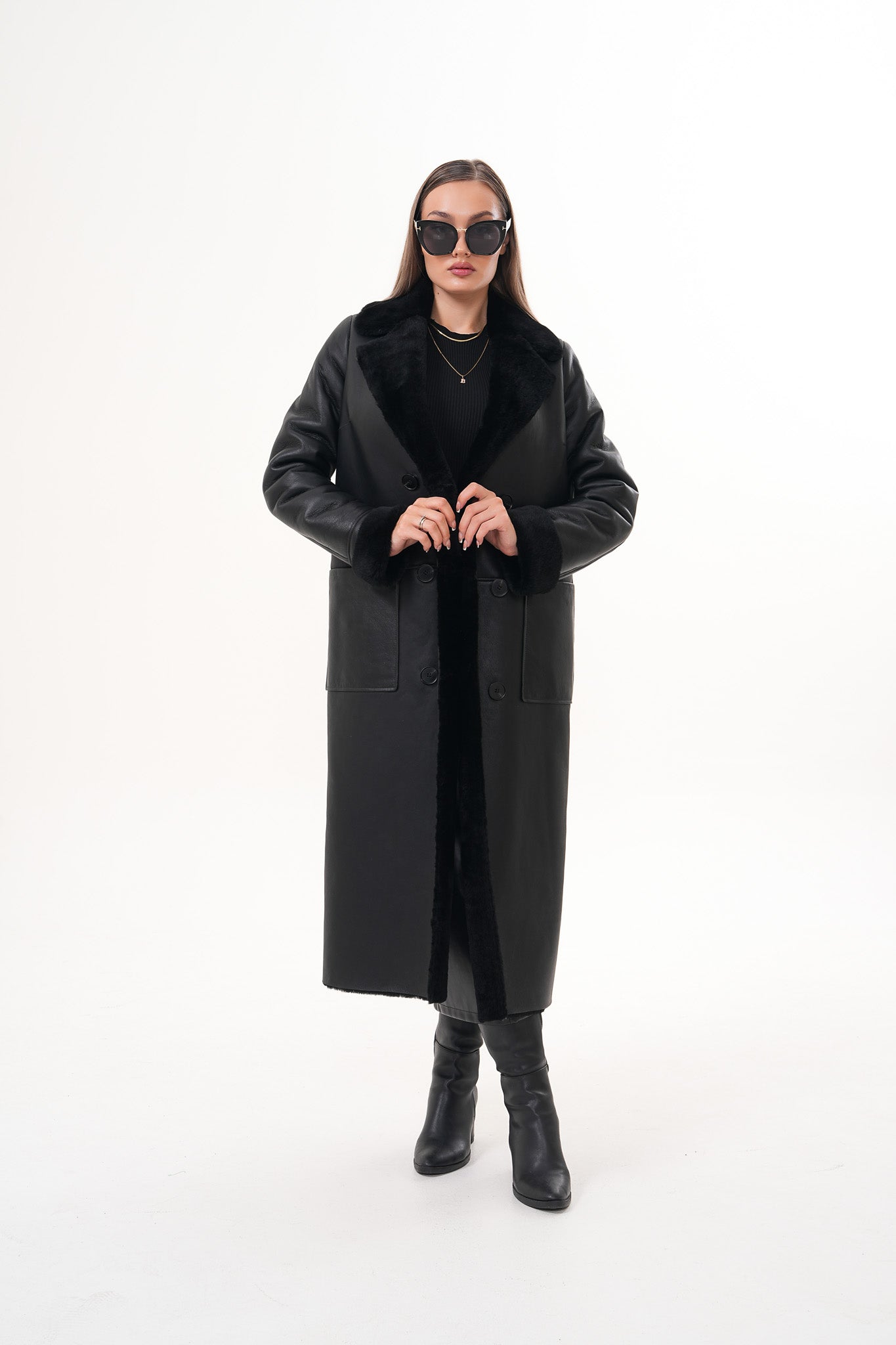 The Raven Long Shearling Black Leather Women Leather Jacket