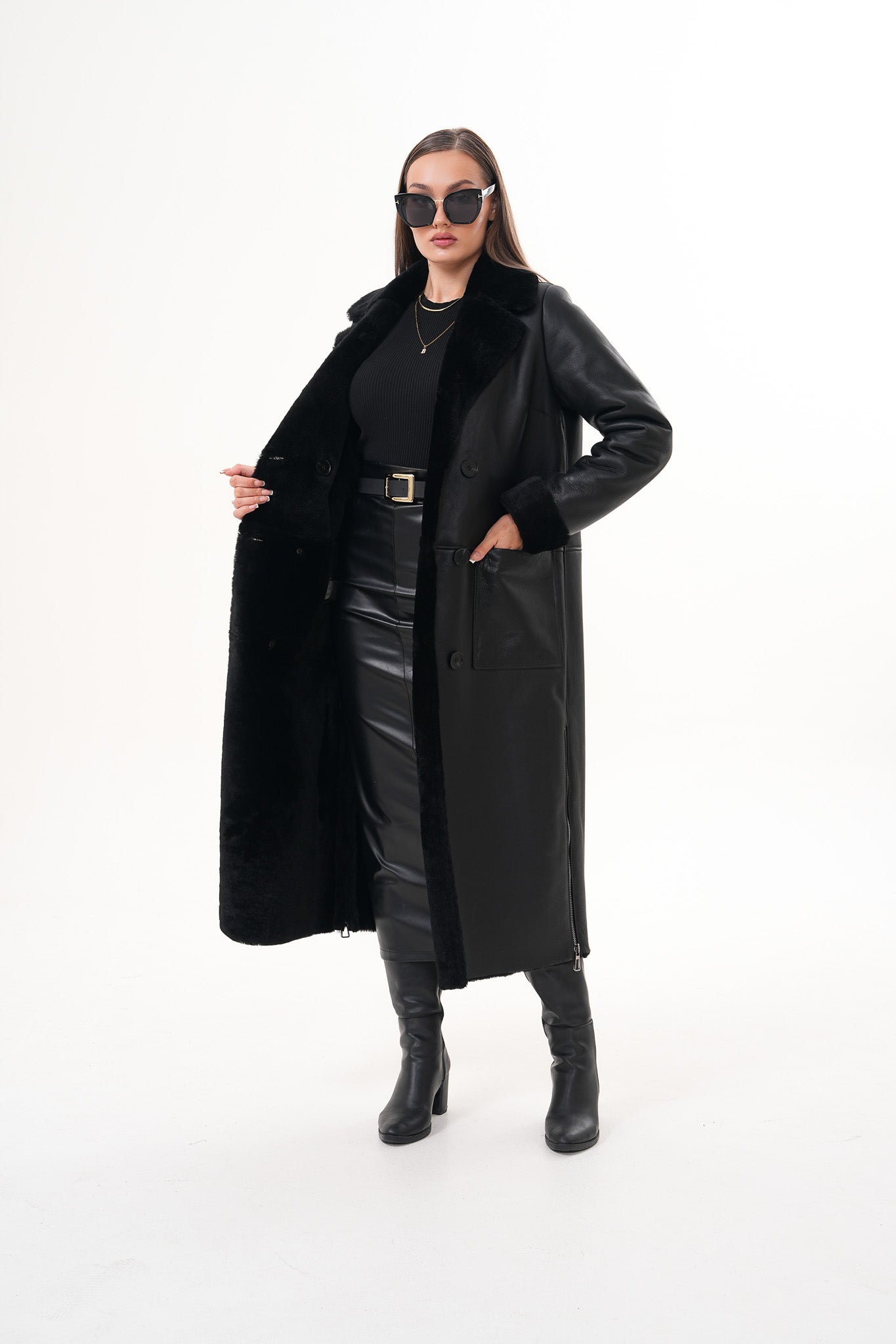 The Raven Long Shearling Black Leather Women Leather Jacket