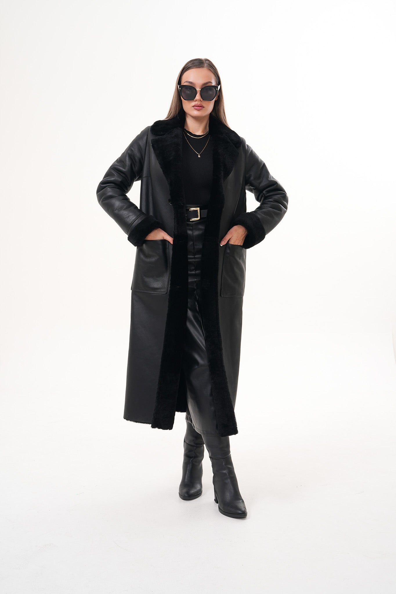 The Raven Long Shearling Black Leather Women Leather Jacket