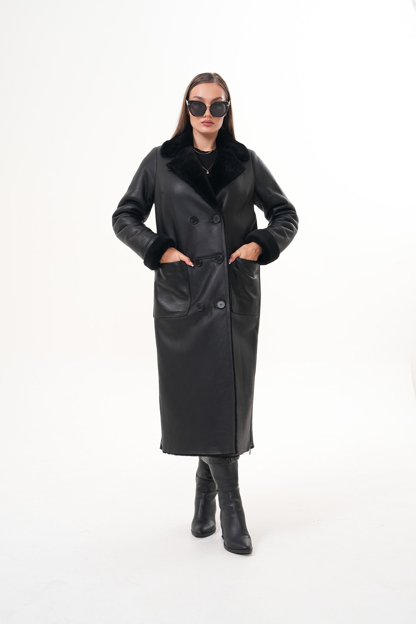 The Raven Long Shearling Black Leather Women Leather Jacket