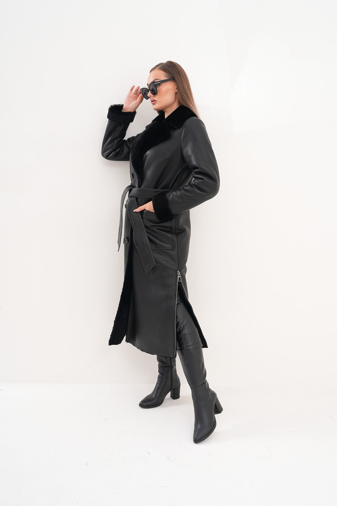 The Raven Long Shearling Black Leather Women Leather Jacket